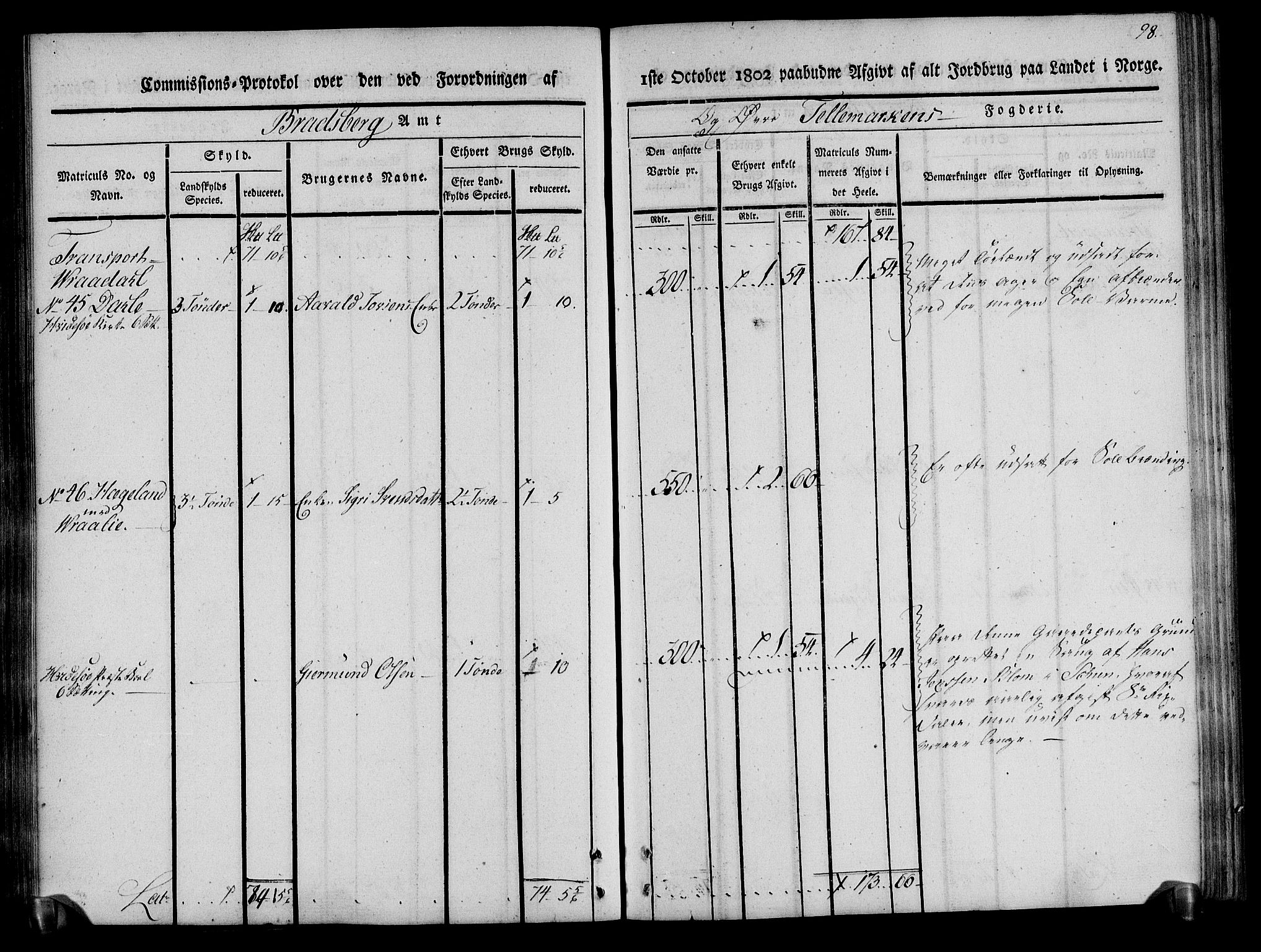 Rentekammeret inntil 1814, Realistisk ordnet avdeling, RA/EA-4070/N/Ne/Nea/L0075: Øvre Telemarken fogderi. Kommisjonsprotokoll for fogderiets vestre del - Kviteseid, Vinje, Moland [):Fyresdal] og Lårdal prestegjeld., 1803, p. 98