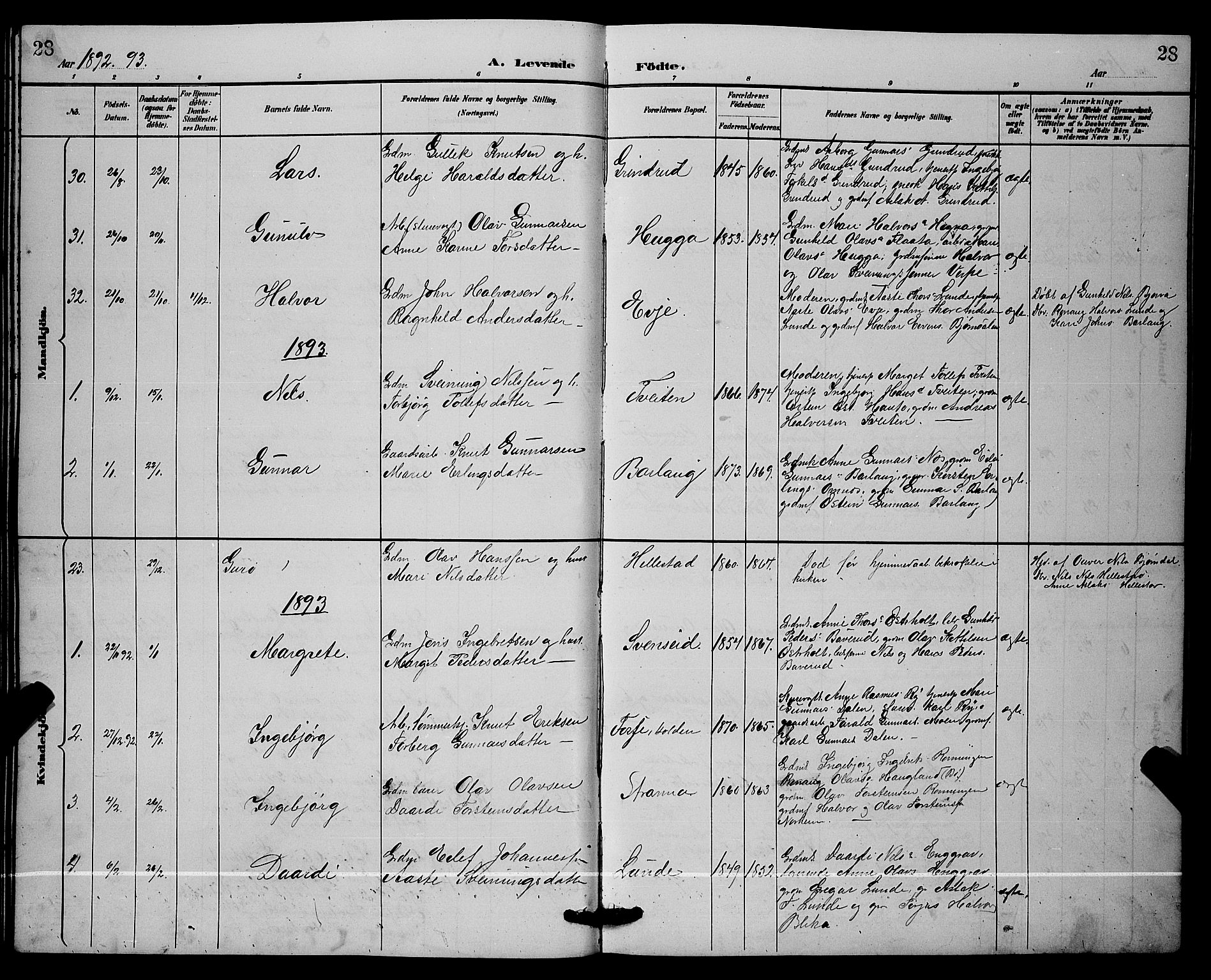 Lunde kirkebøker, SAKO/A-282/G/Ga/L0002: Parish register (copy) no. I 2, 1887-1896, p. 28