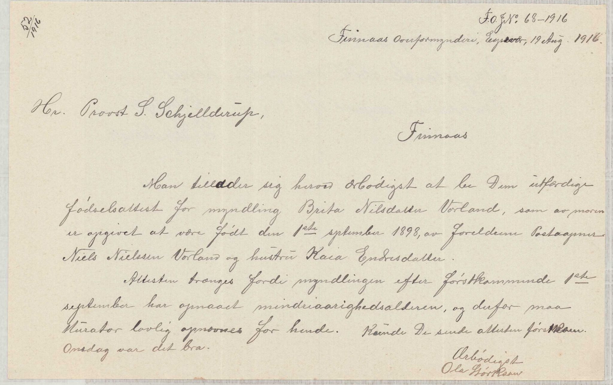 Finnaas kommune. Overformynderiet, IKAH/1218a-812/D/Da/Daa/L0003/0001: Kronologisk ordna korrespondanse / Kronologisk ordna korrespondanse, 1914-1916, p. 109