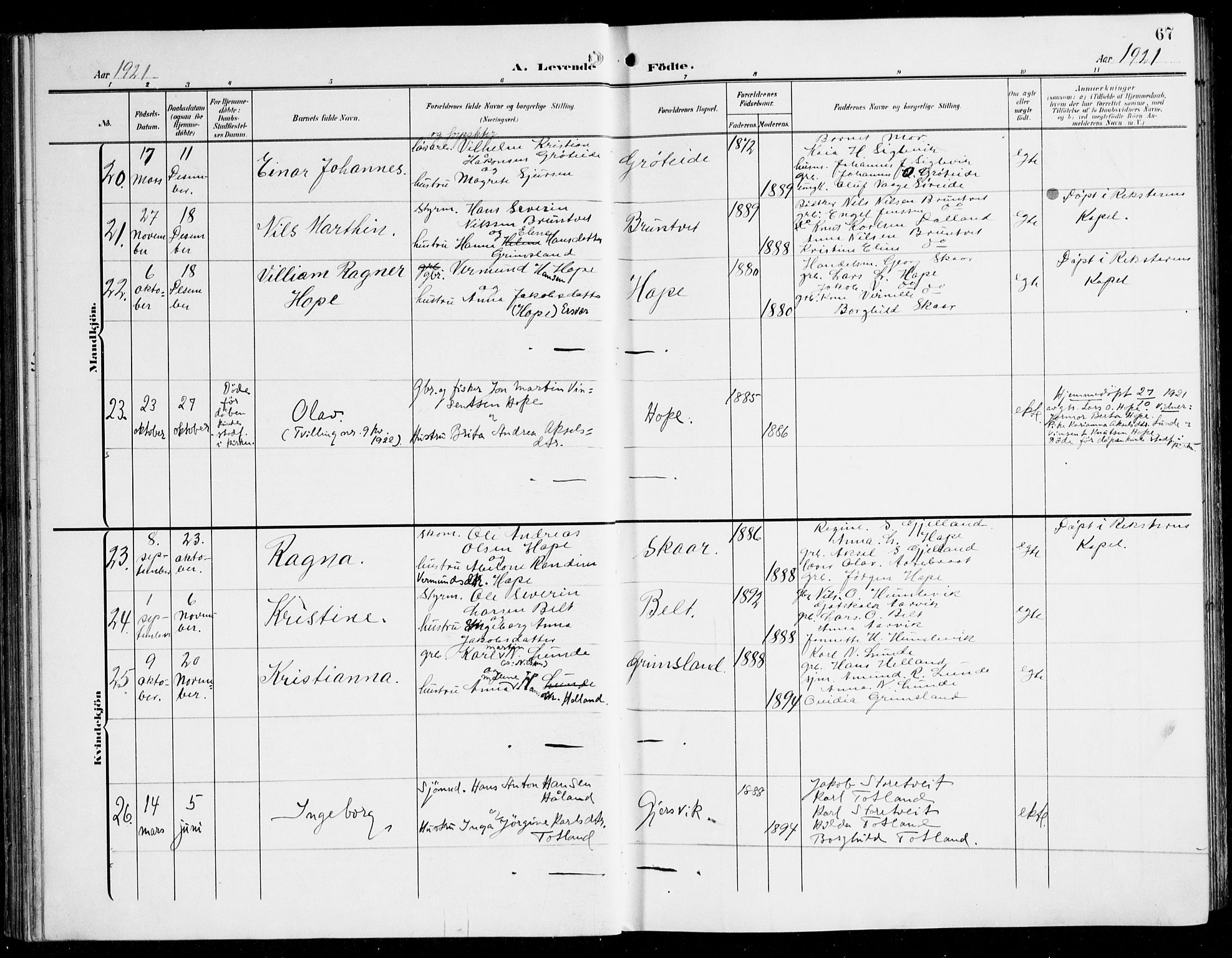 Tysnes sokneprestembete, AV/SAB-A-78601/H/Haa: Parish register (official) no. B 2, 1907-1925, p. 67