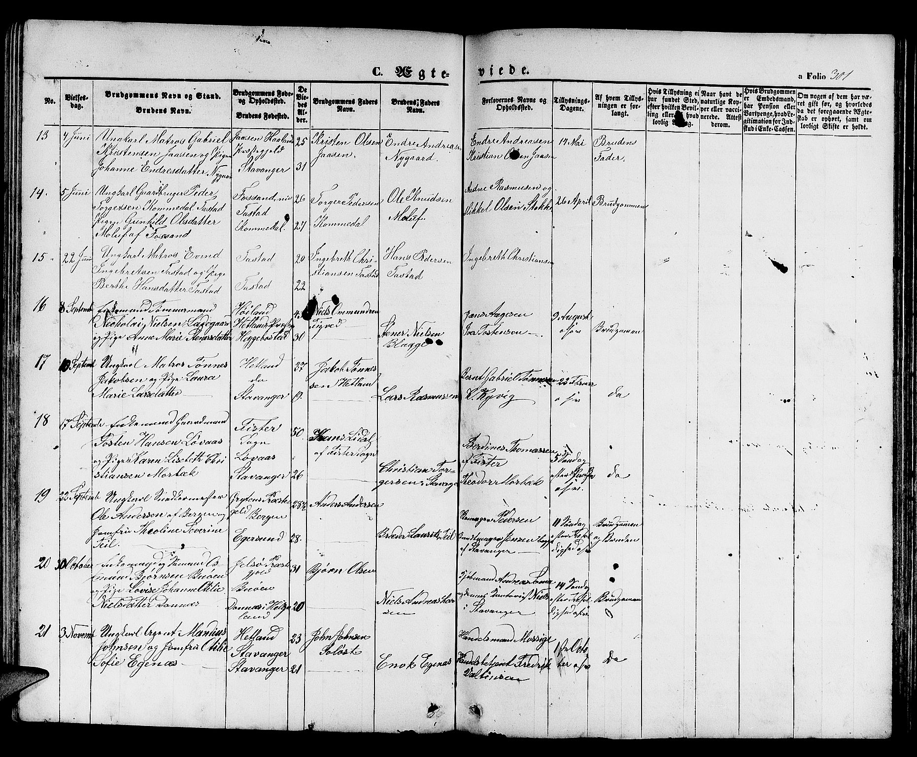 Hetland sokneprestkontor, SAST/A-101826/30/30BB/L0003: Parish register (copy) no. B 3, 1863-1877, p. 301