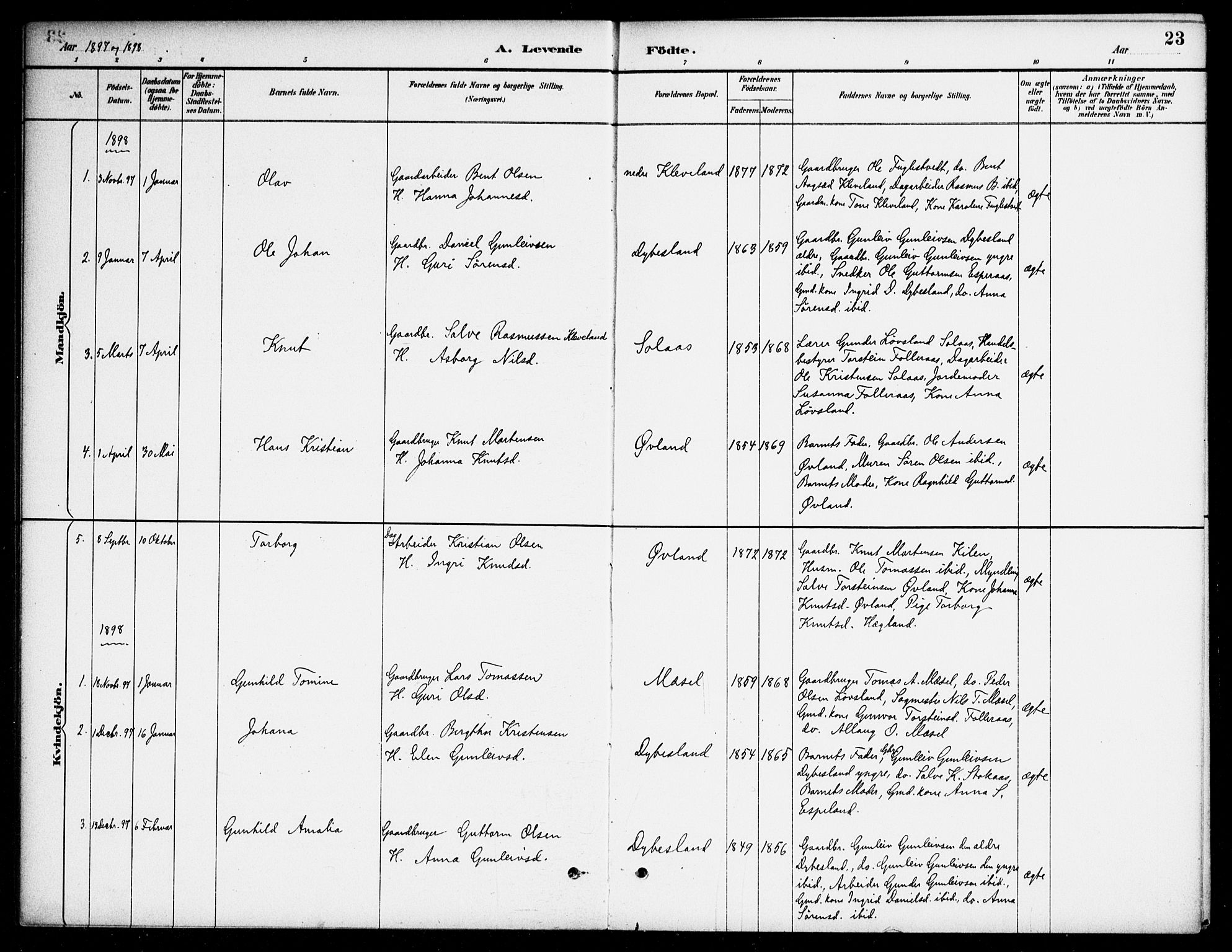 Bjelland sokneprestkontor, AV/SAK-1111-0005/F/Fa/Fab/L0004: Parish register (official) no. A 4, 1887-1920, p. 23