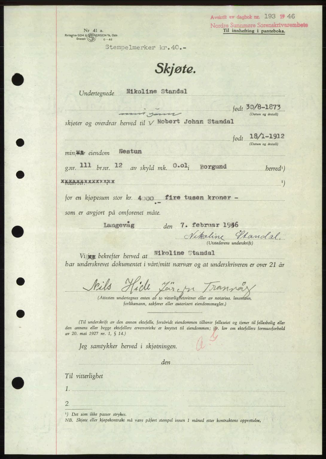 Nordre Sunnmøre sorenskriveri, AV/SAT-A-0006/1/2/2C/2Ca: Mortgage book no. A20b, 1946-1946, Diary no: : 193/1946