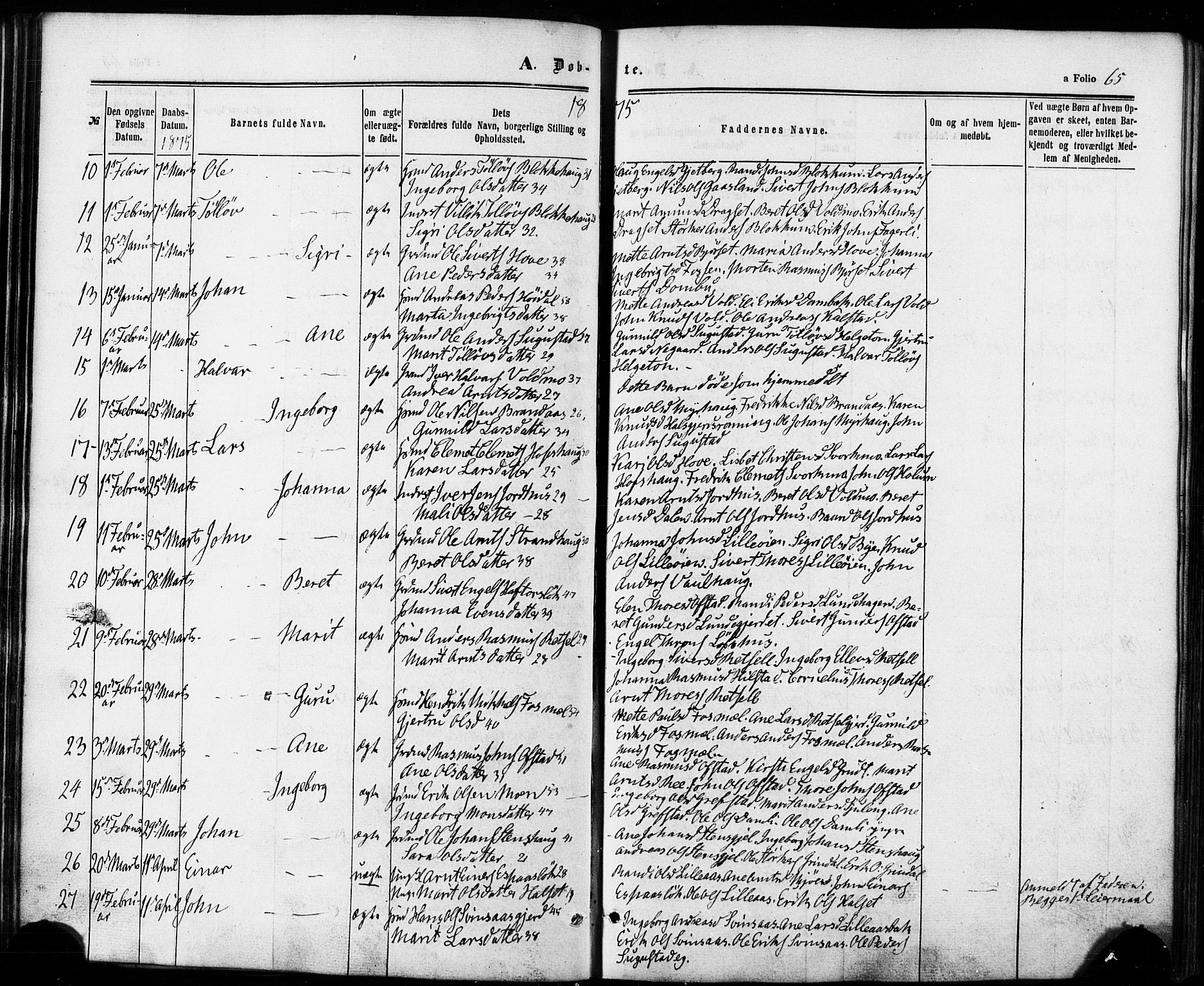 Ministerialprotokoller, klokkerbøker og fødselsregistre - Sør-Trøndelag, SAT/A-1456/672/L0856: Parish register (official) no. 672A08, 1861-1881, p. 65