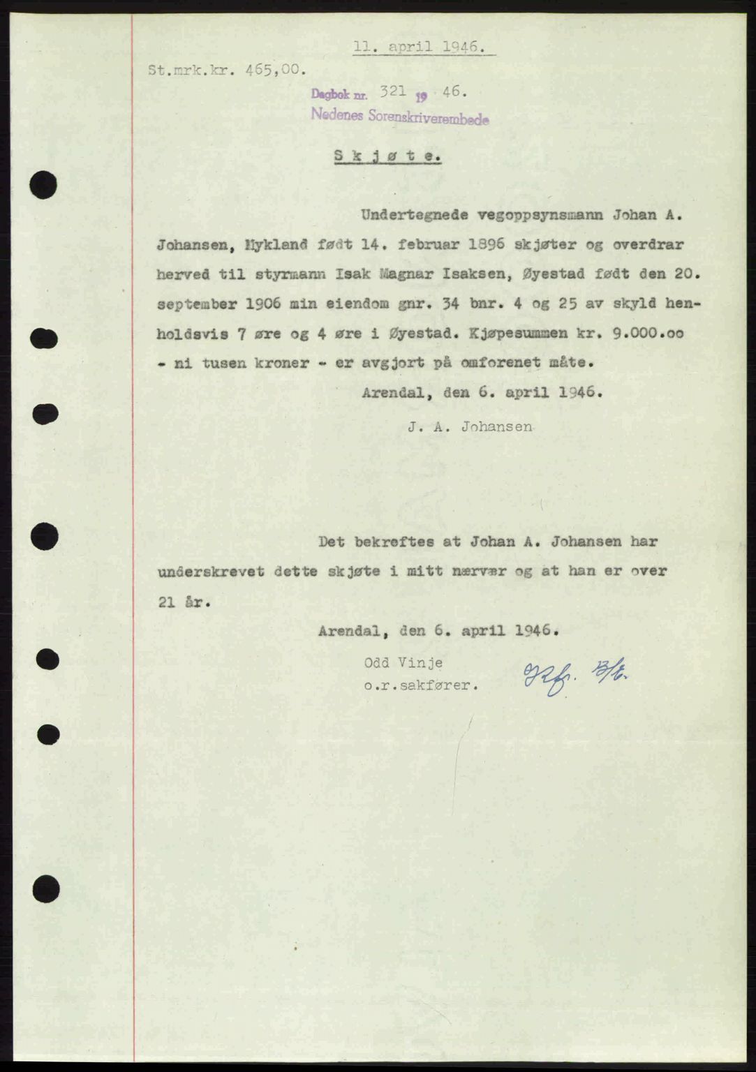 Nedenes sorenskriveri, SAK/1221-0006/G/Gb/Gba/L0054: Mortgage book no. A6c, 1946-1946, Diary no: : 321/1946