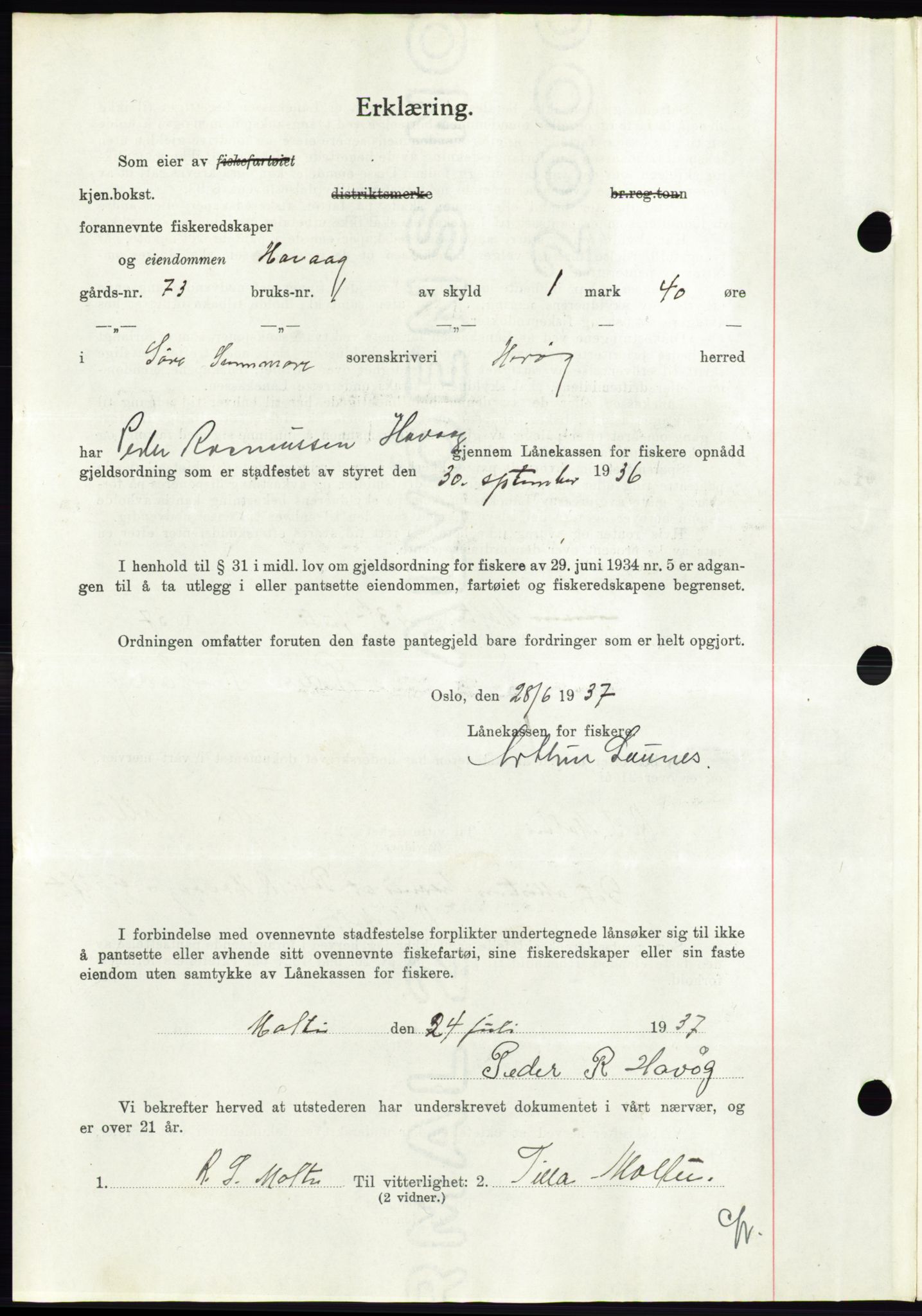 Søre Sunnmøre sorenskriveri, AV/SAT-A-4122/1/2/2C/L0064: Mortgage book no. 58, 1937-1938, Diary no: : 1693/1937