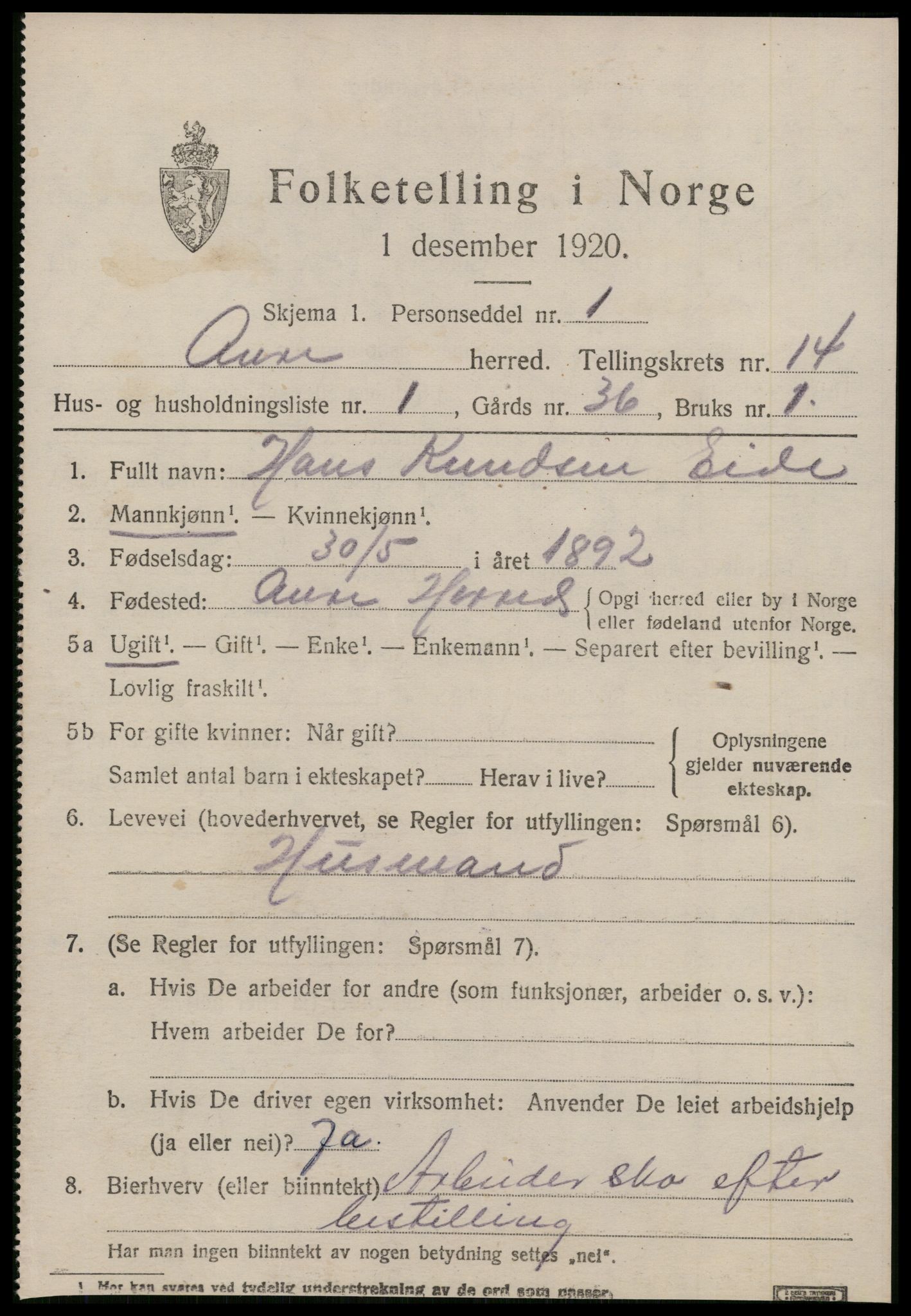 SAT, 1920 census for Aure, 1920, p. 5358