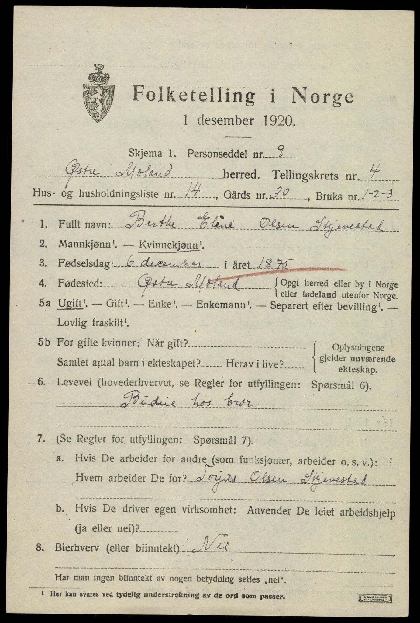 SAK, 1920 census for Austre Moland, 1920, p. 2207