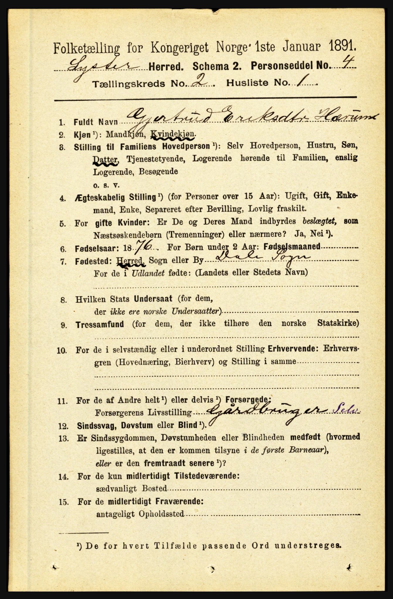 RA, 1891 census for 1426 Luster, 1891, p. 842