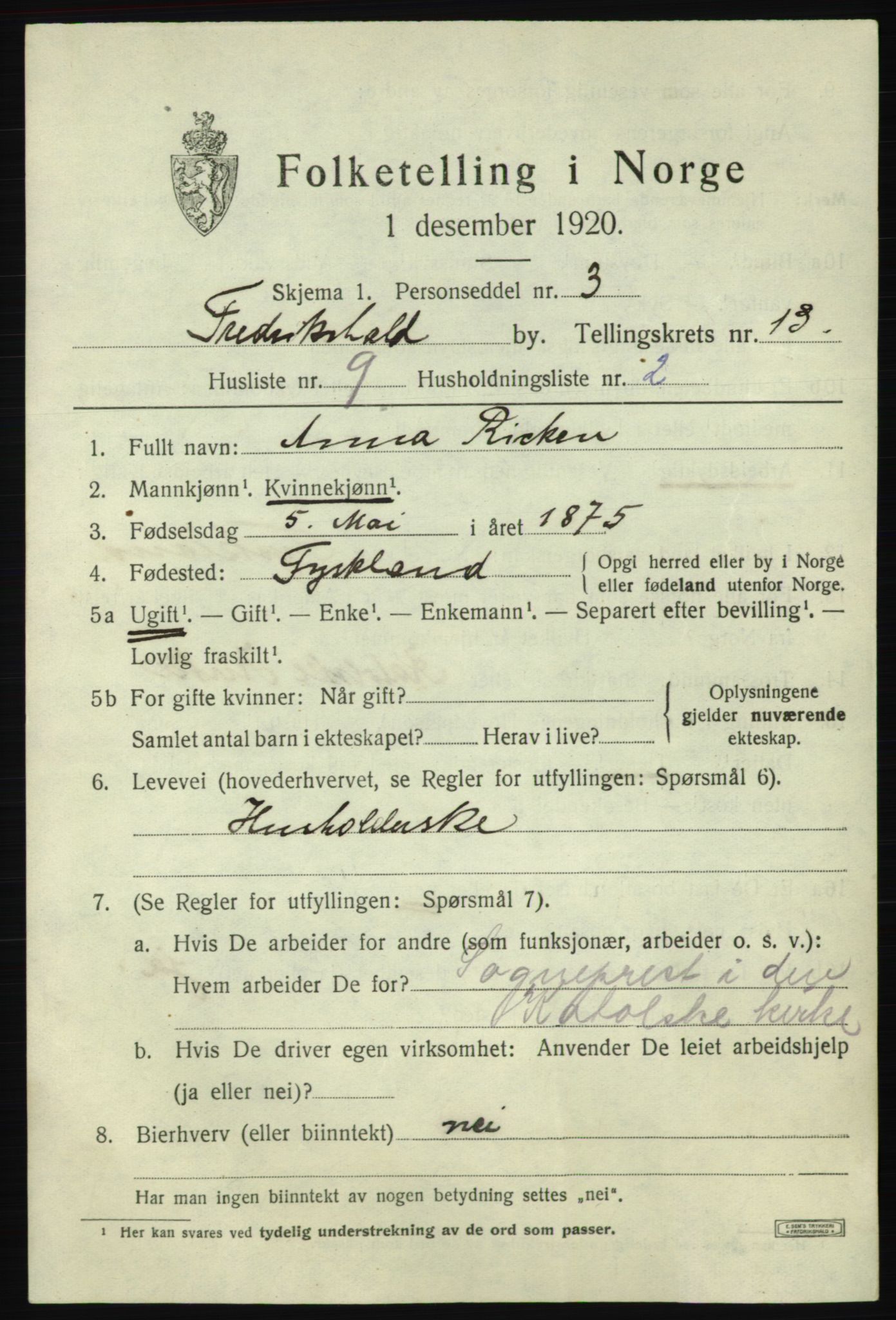 SAO, 1920 census for Fredrikshald, 1920, p. 20805