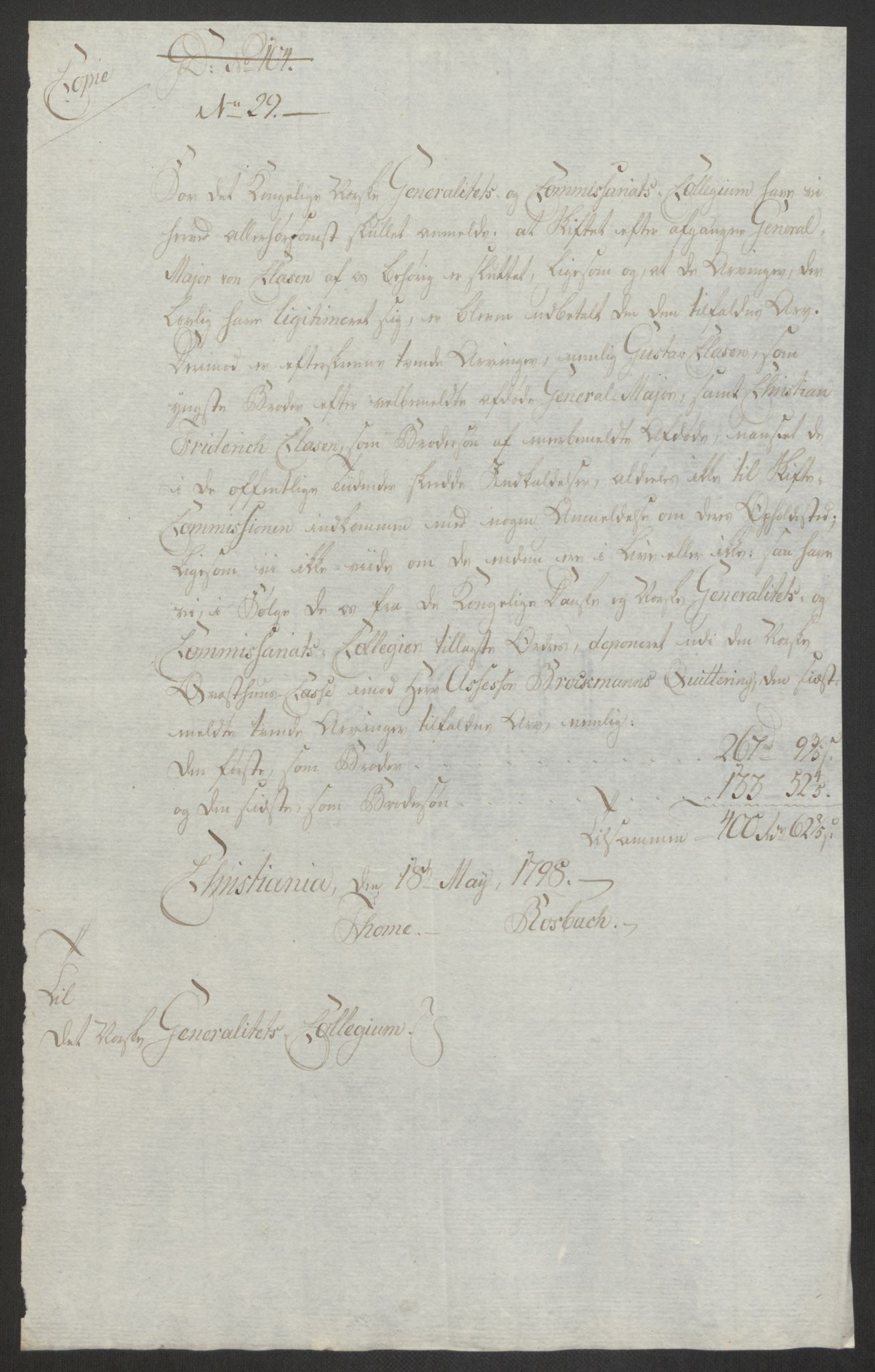 Forsvaret, Den norske kvesthuskasse/krigshospitalkasse, AV/RA-RAFA-1887/F/Fa/L0017: Innkomne brev:, 1782-1807, p. 265