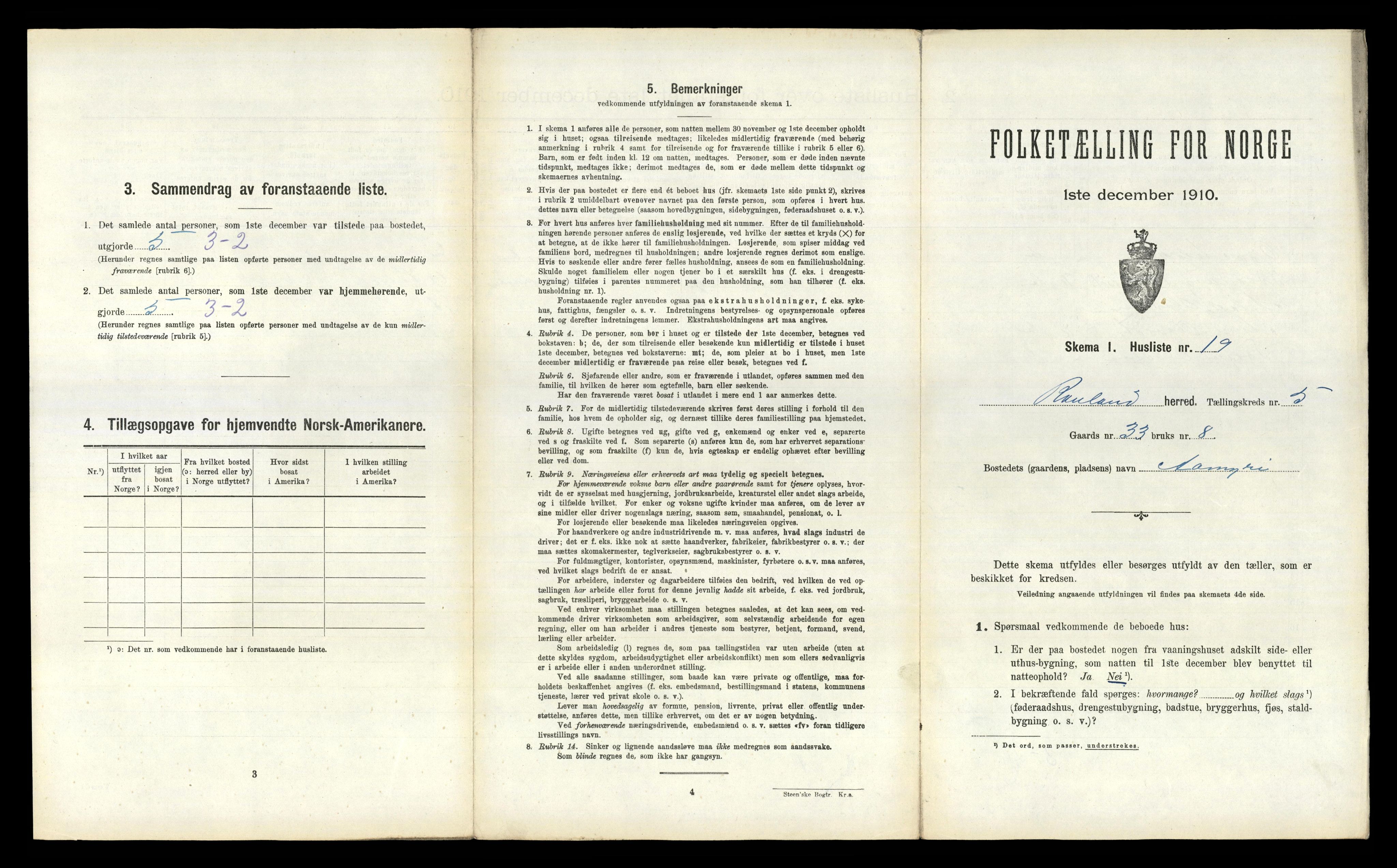 RA, 1910 census for Rauland, 1910, p. 191