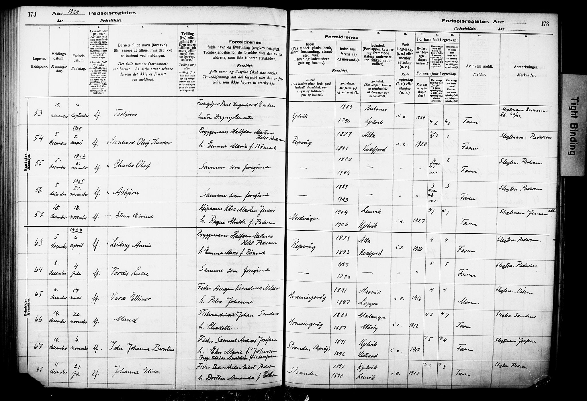 Kjelvik/Nordkapp sokneprestkontor, AV/SATØ-S-1350/I/Ia/L0015: Birth register no. 15, 1916-1930, p. 173