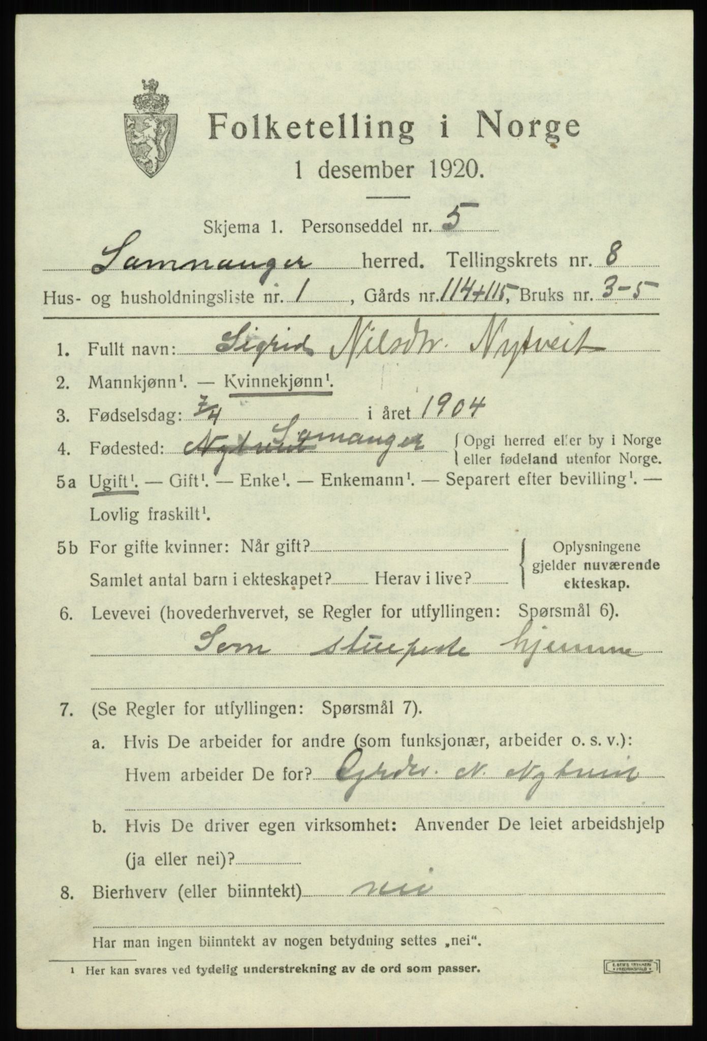 SAB, 1920 census for Samnanger, 1920, p. 3533