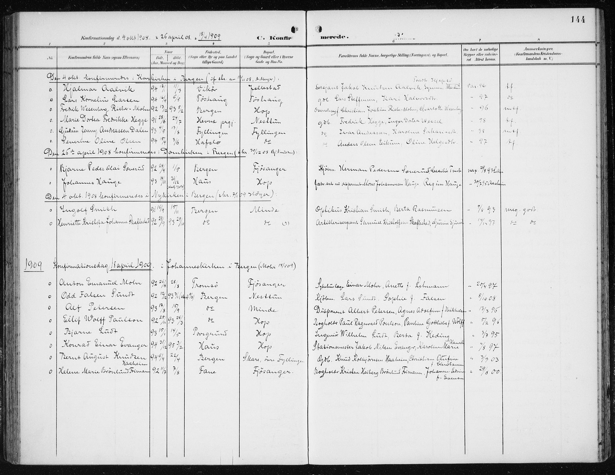 Fana Sokneprestembete, SAB/A-75101/H/Haa/Haai/L0003: Parish register (official) no. I 3, 1900-1912, p. 144