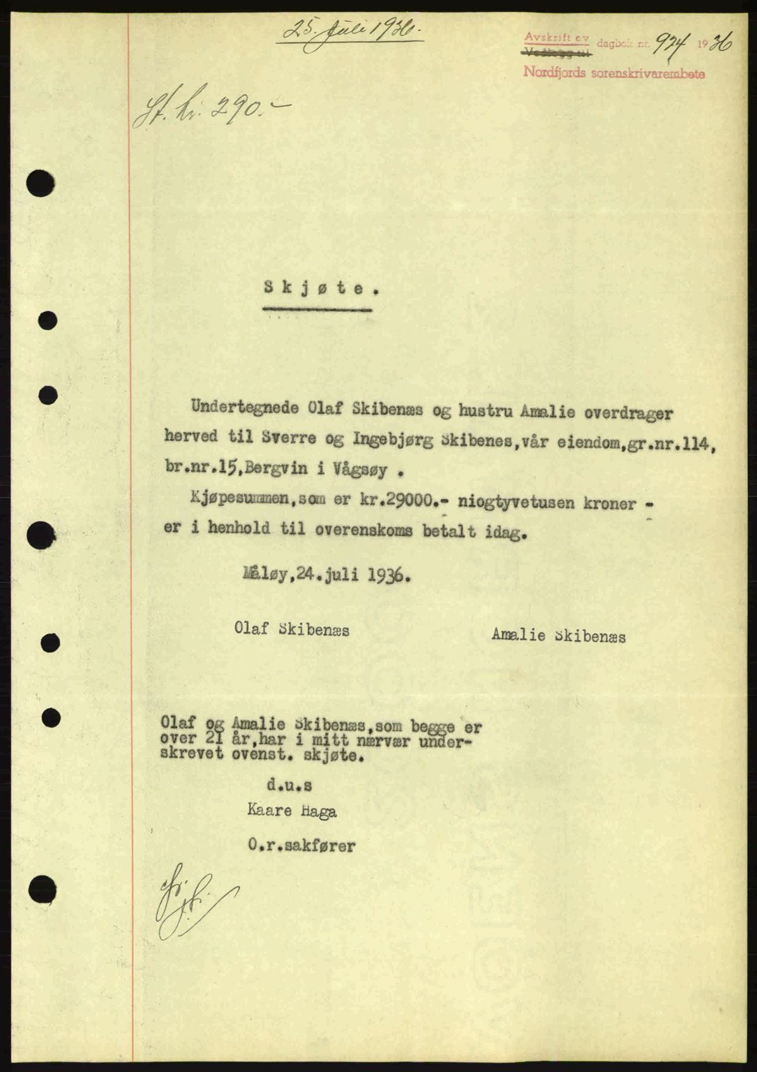 Nordfjord sorenskriveri, SAB/A-2801/02/02b/02bj/L0001: Mortgage book no. A1, 1936-1937, Diary no: : 924/1936