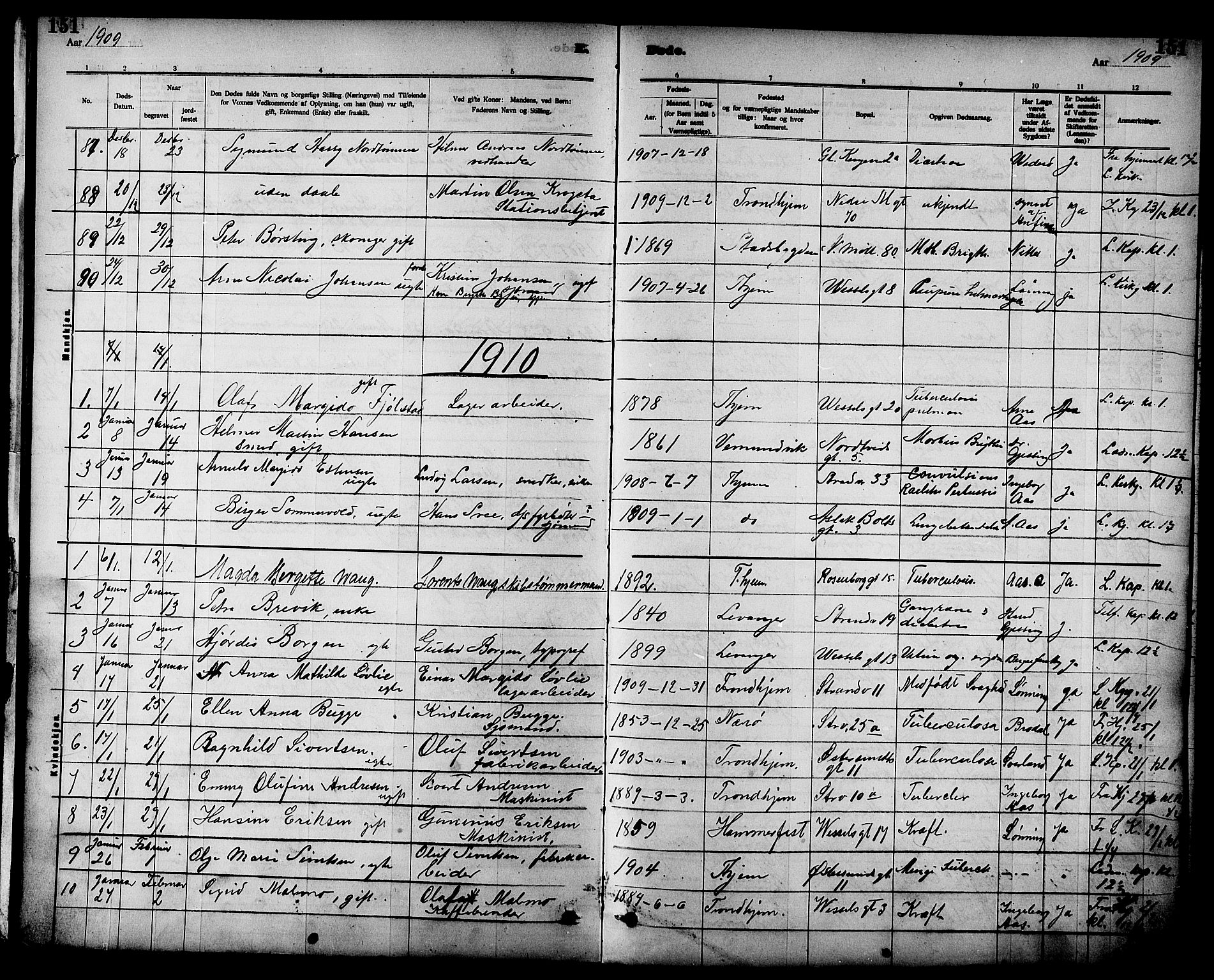 Ministerialprotokoller, klokkerbøker og fødselsregistre - Sør-Trøndelag, SAT/A-1456/605/L0255: Parish register (copy) no. 605C02, 1908-1918, p. 151