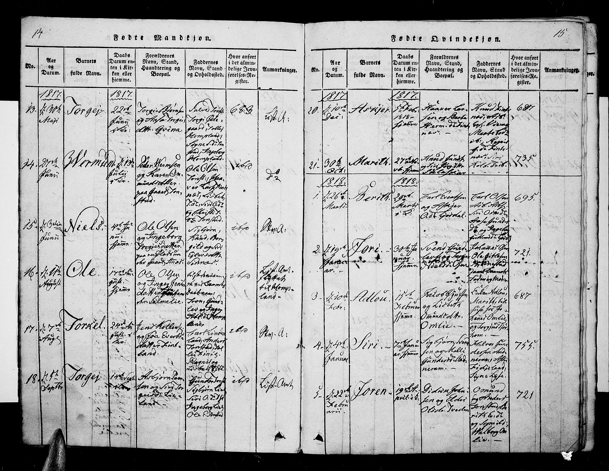 Sirdal sokneprestkontor, AV/SAK-1111-0036/F/Fa/Fab/L0001: Parish register (official) no. A 1, 1815-1834, p. 14-15