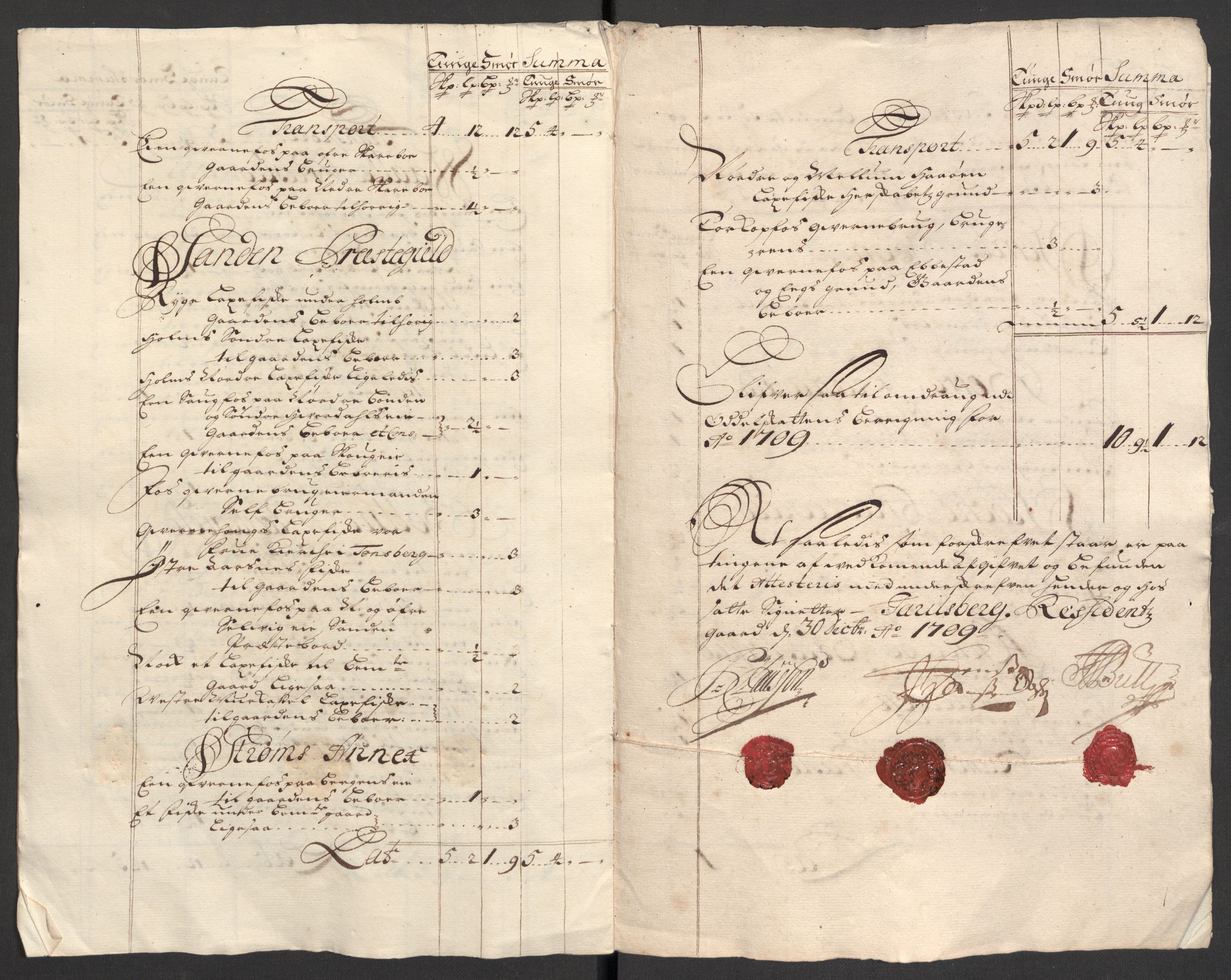 Rentekammeret inntil 1814, Reviderte regnskaper, Fogderegnskap, RA/EA-4092/R32/L1874: Fogderegnskap Jarlsberg grevskap, 1709, p. 247