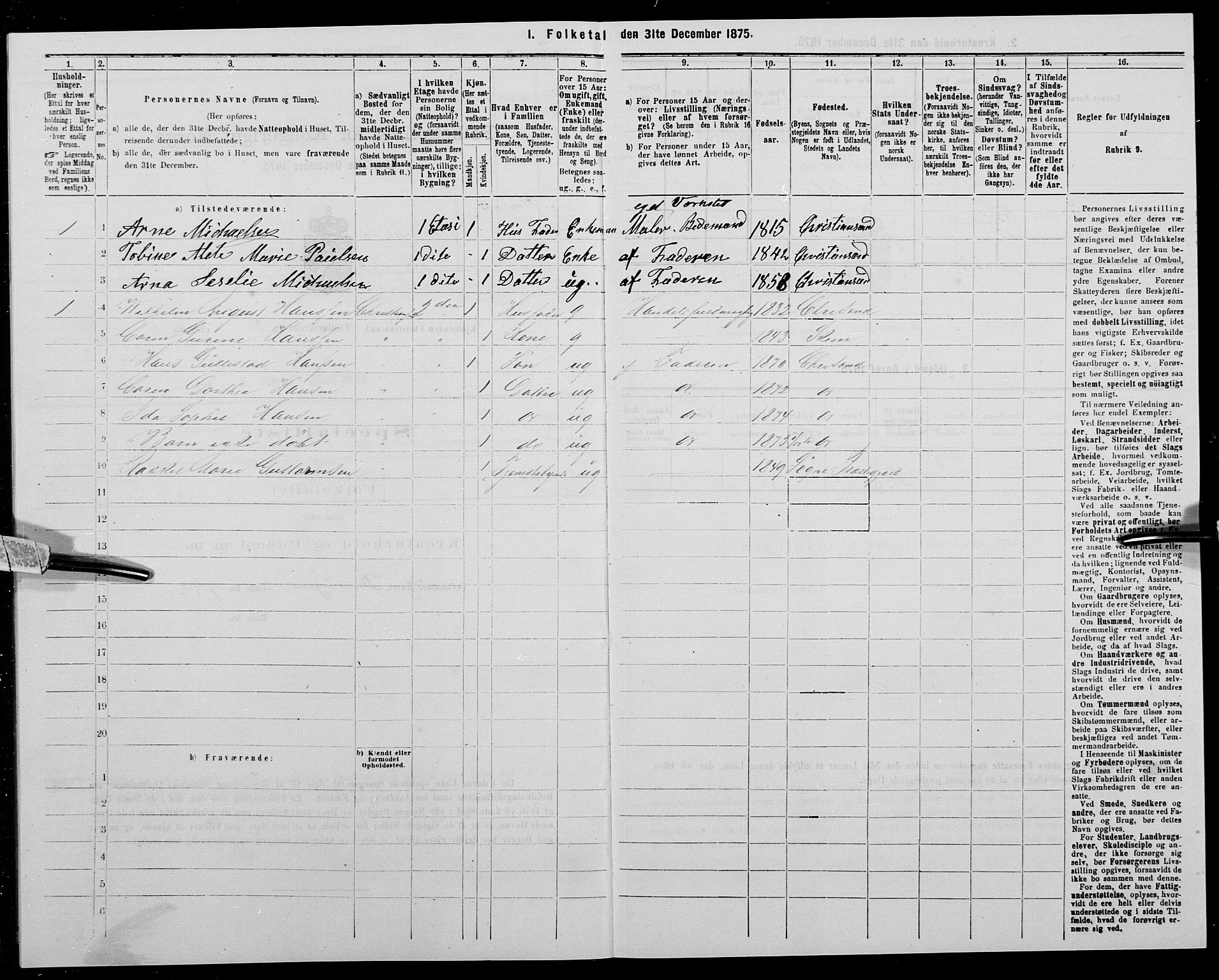 SAK, 1875 census for 1001P Kristiansand, 1875, p. 303