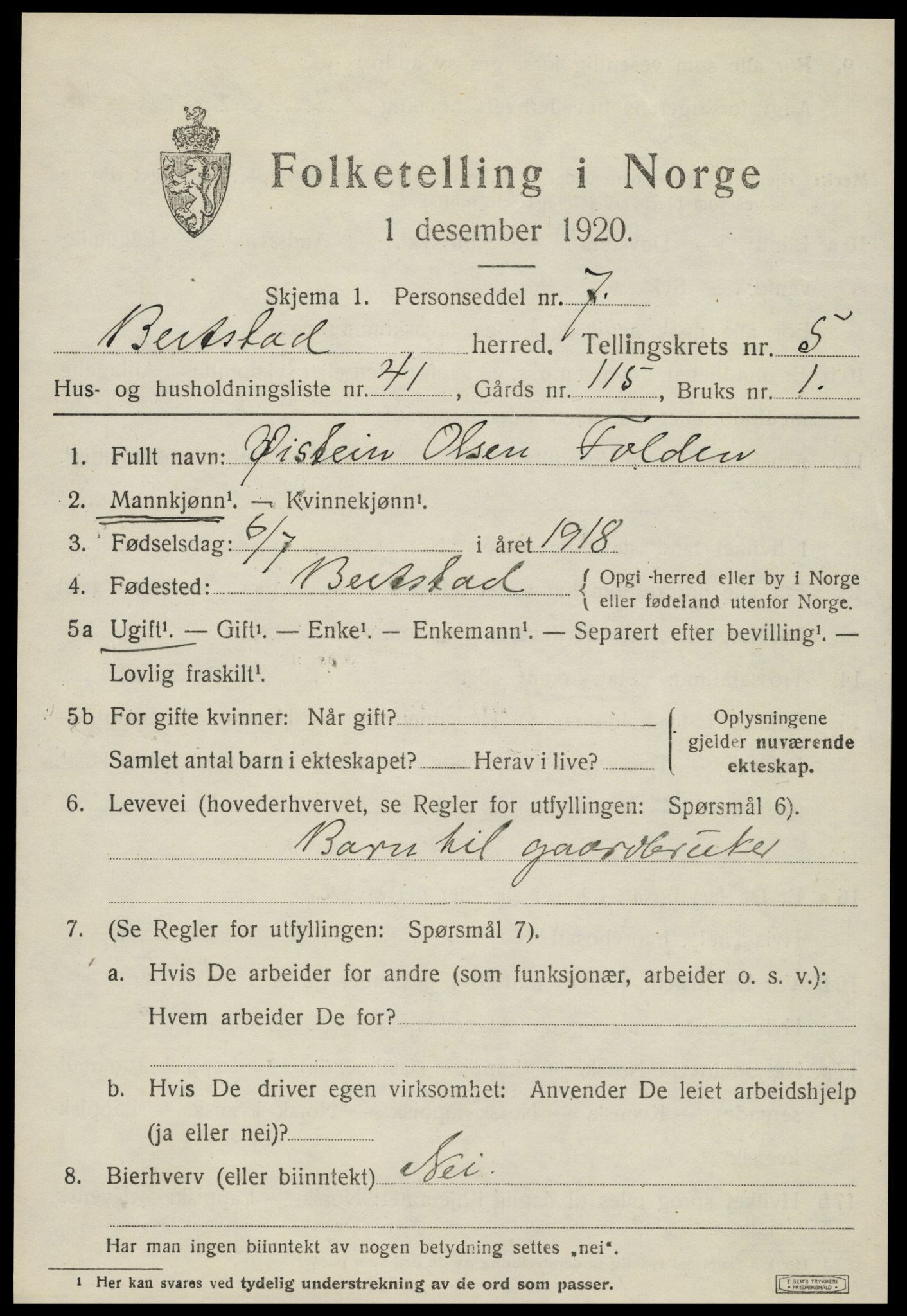 SAT, 1920 census for Beitstad, 1920, p. 4099