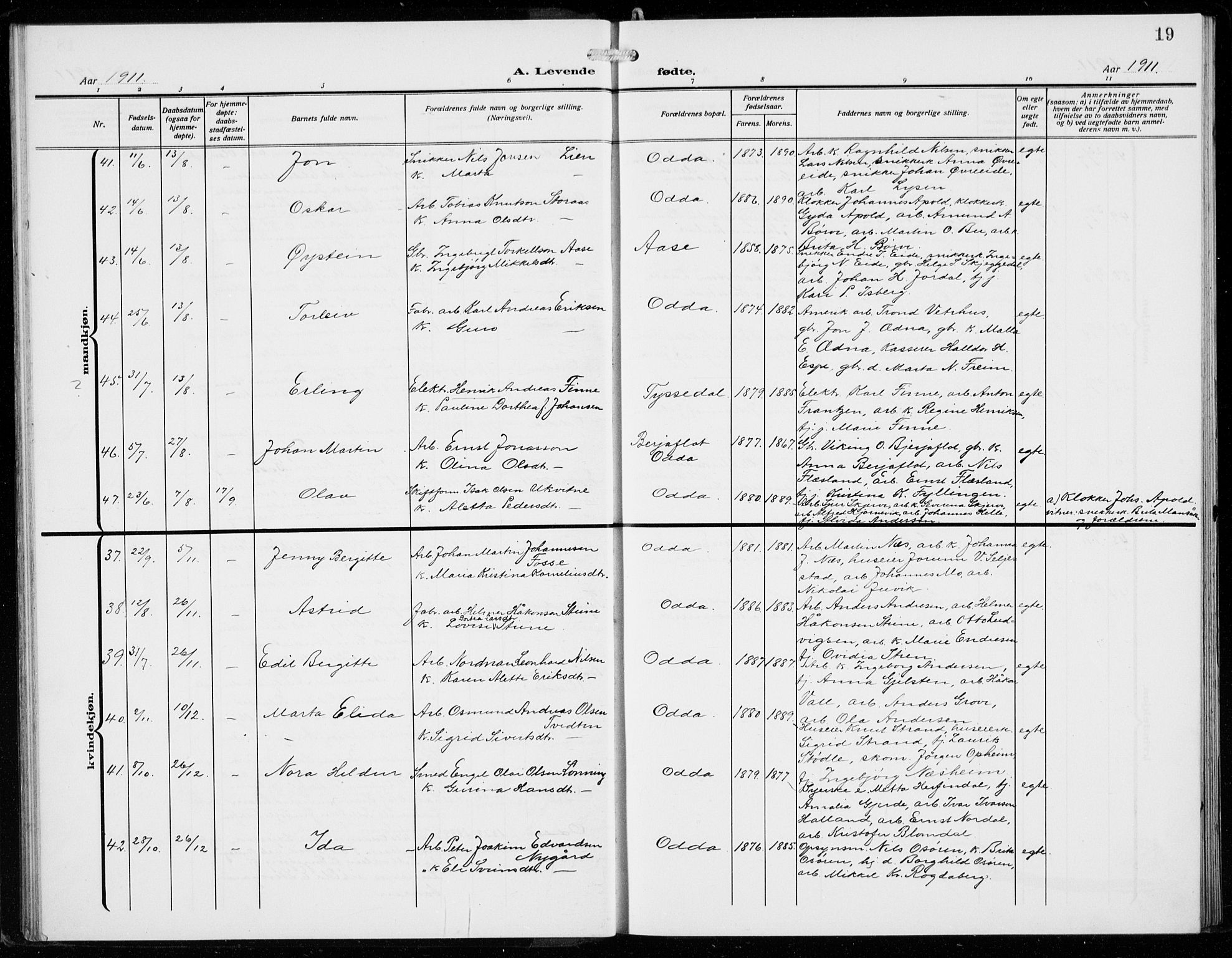 Odda Sokneprestembete, AV/SAB-A-77201/H/Hab: Parish register (copy) no. B  2, 1910-1923, p. 19