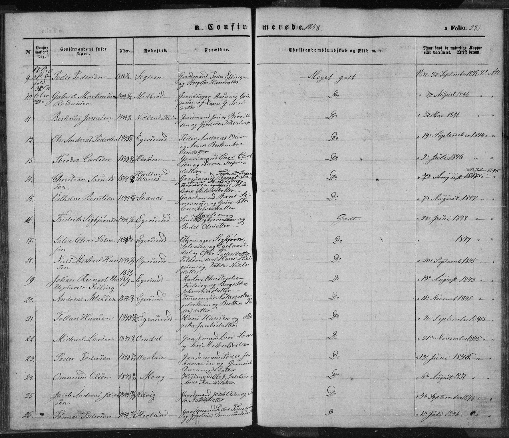 Eigersund sokneprestkontor, SAST/A-101807/S08/L0012: Parish register (official) no. A 12.1, 1850-1865, p. 281