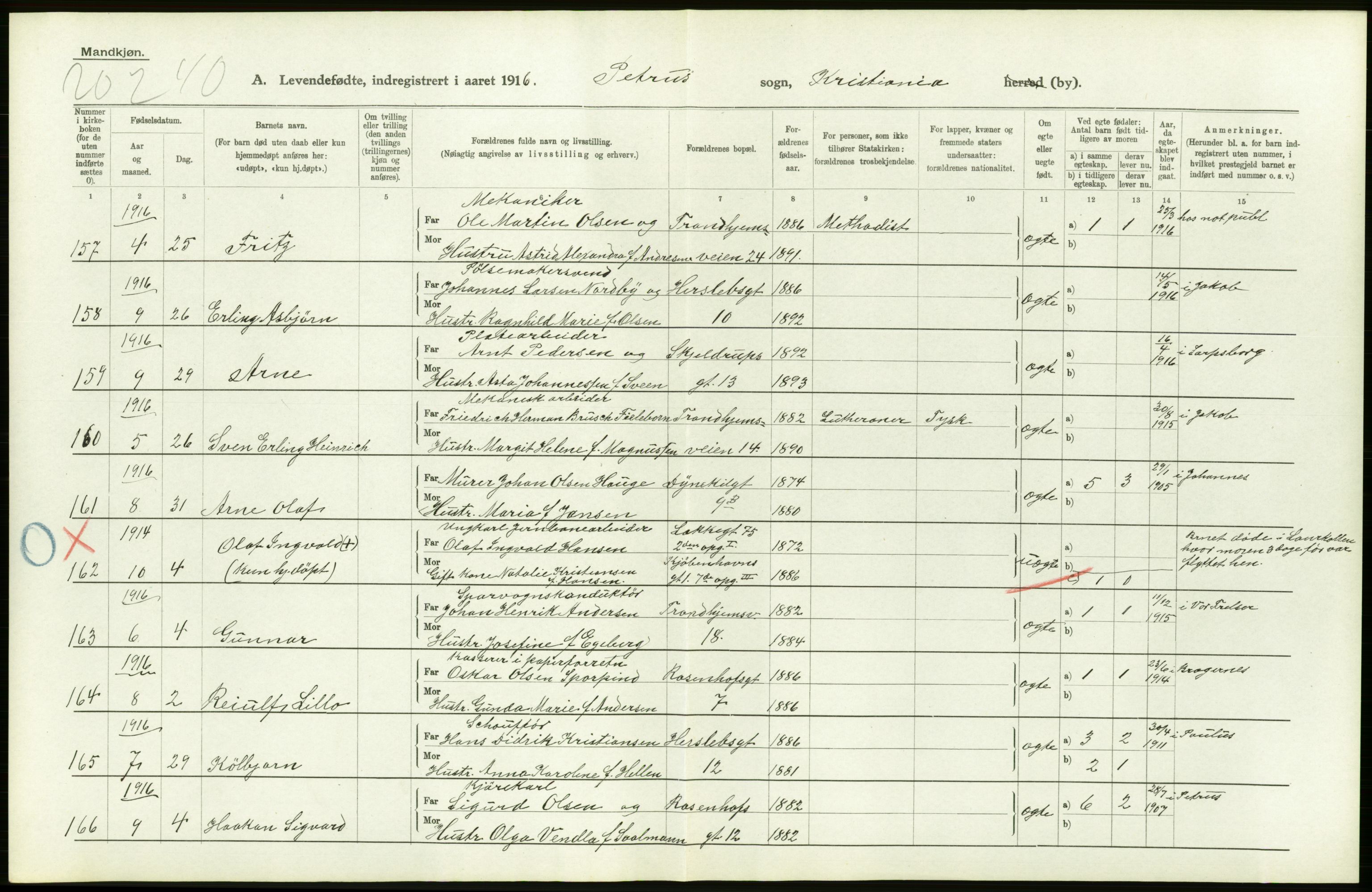 Statistisk sentralbyrå, Sosiodemografiske emner, Befolkning, AV/RA-S-2228/D/Df/Dfb/Dfbf/L0006: Kristiania: Levendefødte menn og kvinner., 1916, p. 582