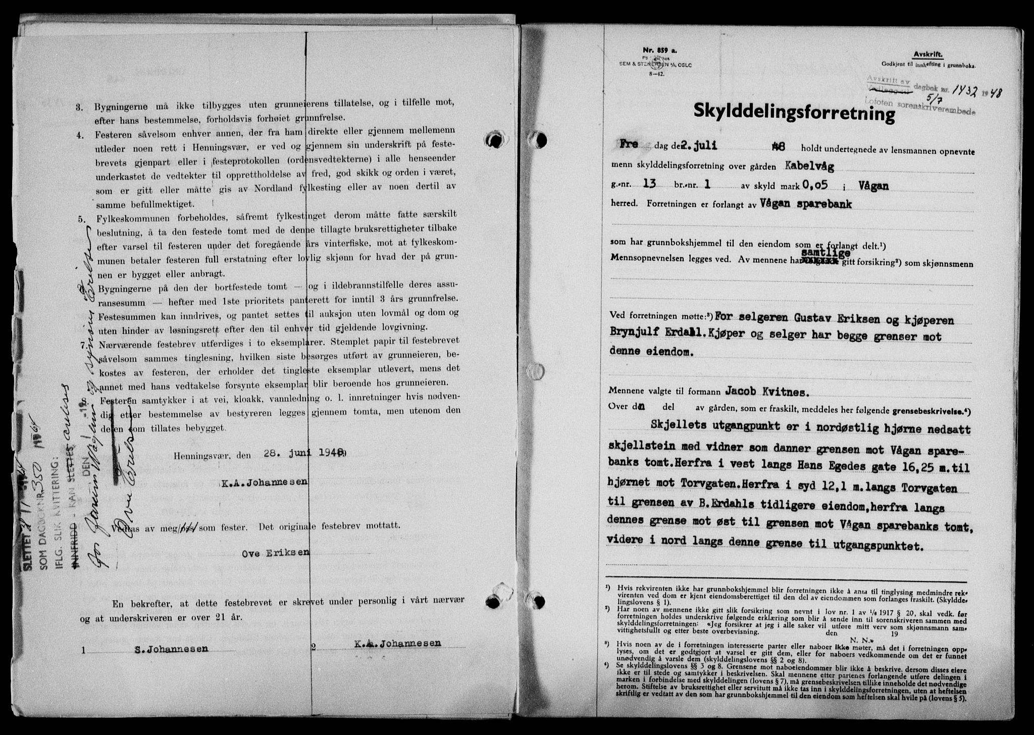 Lofoten sorenskriveri, SAT/A-0017/1/2/2C/L0018a: Mortgage book no. 18a, 1948-1948, Diary no: : 1432/1948
