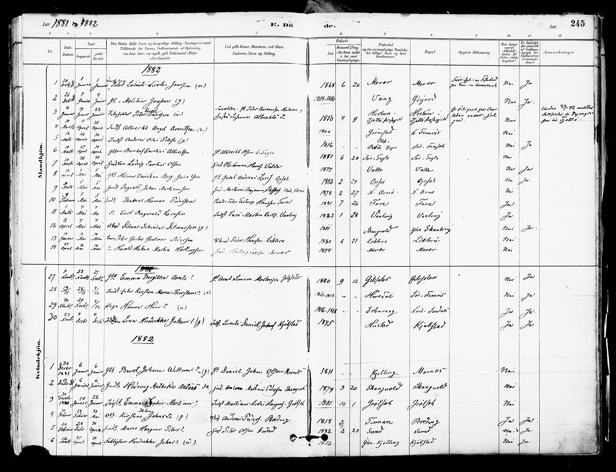 Ministerialprotokoller, klokkerbøker og fødselsregistre - Nordland, AV/SAT-A-1459/805/L0099: Parish register (official) no. 805A06, 1880-1891, p. 245