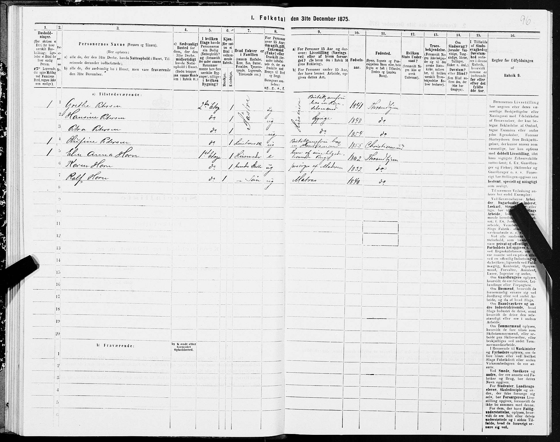 SAT, 1875 census for 1601 Trondheim, 1875, p. 7096