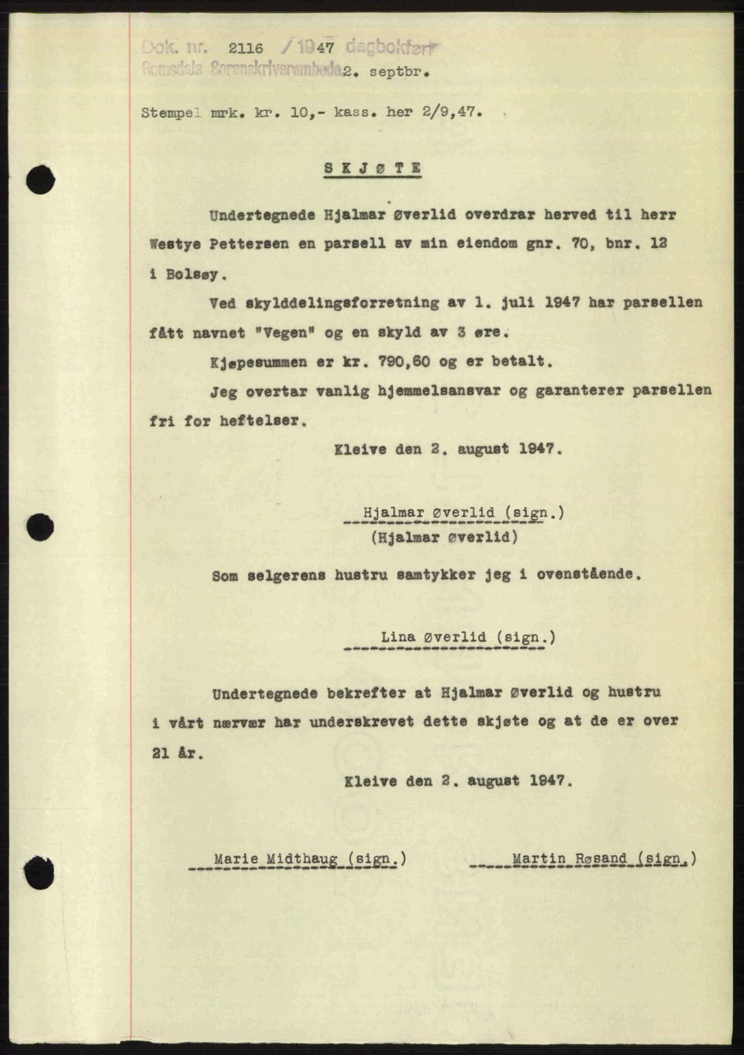 Romsdal sorenskriveri, AV/SAT-A-4149/1/2/2C: Mortgage book no. A23, 1947-1947, Diary no: : 2116/1947