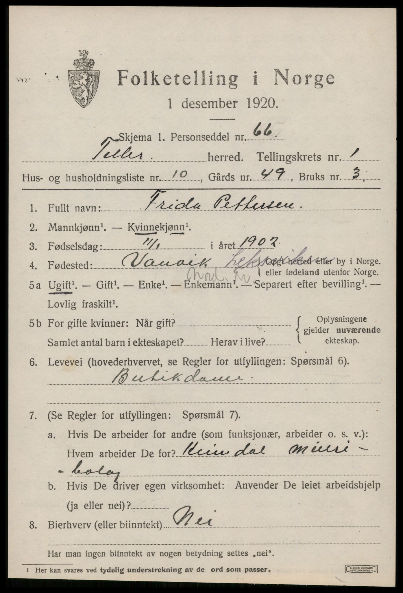 SAT, 1920 census for Tiller, 1920, p. 499