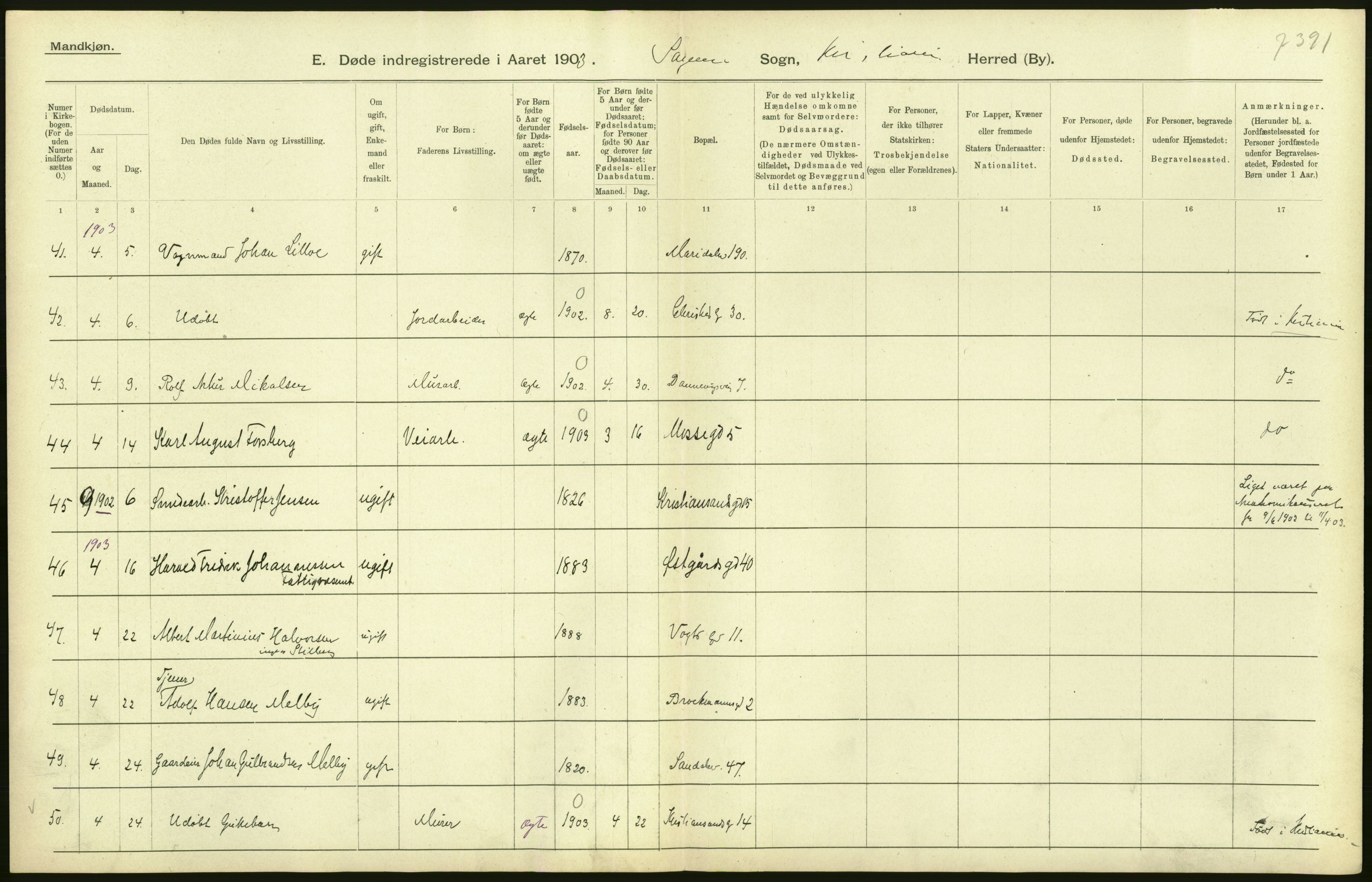 Statistisk sentralbyrå, Sosiodemografiske emner, Befolkning, AV/RA-S-2228/D/Df/Dfa/Dfaa/L0004: Kristiania: Gifte, døde, 1903, p. 90