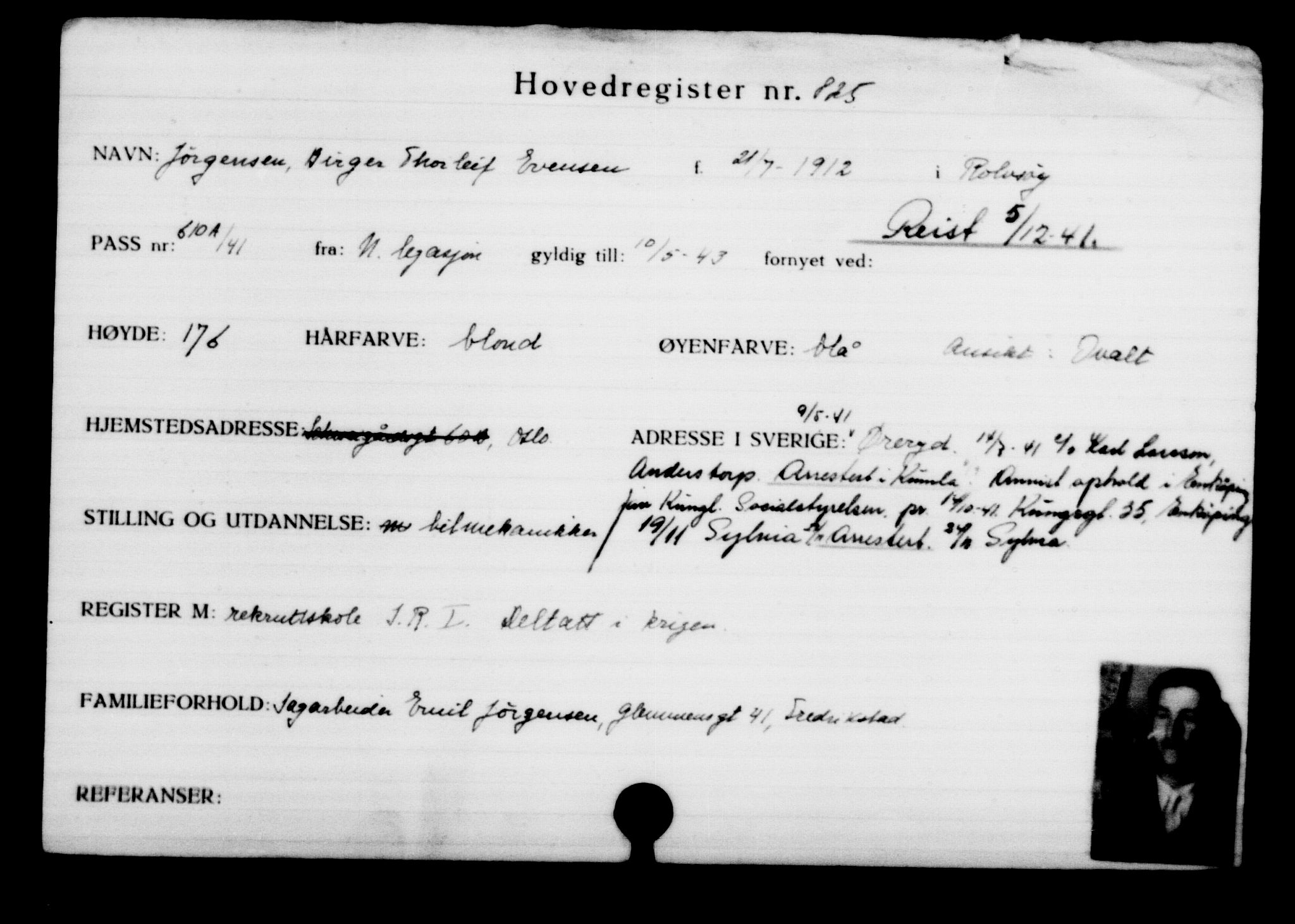 Utenriksstasjonene, Legasjonen i Stockholm, Flyktningkontoret, AV/RA-S-6753/V/Va/L0001: Kjesäterkartoteket, flyktninger med registreringsnr. 1-1000, 1940-1945, p. 1304