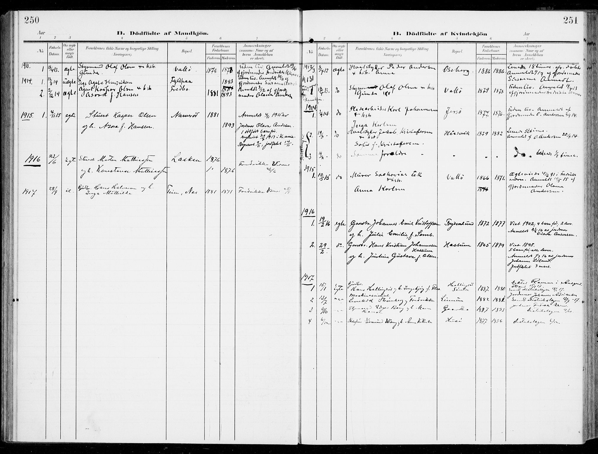 Sem kirkebøker, SAKO/A-5/F/Fb/L0006: Parish register (official) no. II 6, 1905-1918, p. 250-251