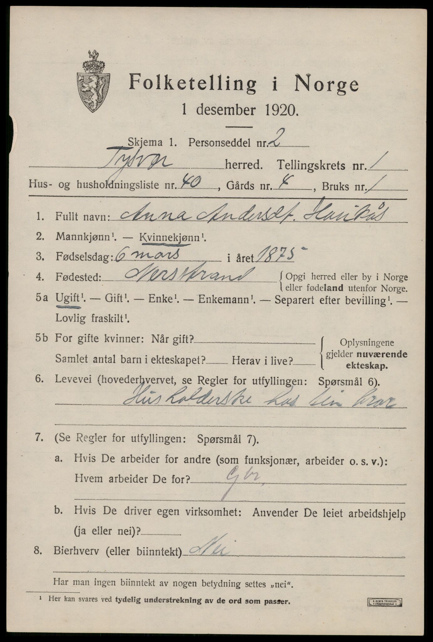 SAST, 1920 census for Tysvær, 1920, p. 1148