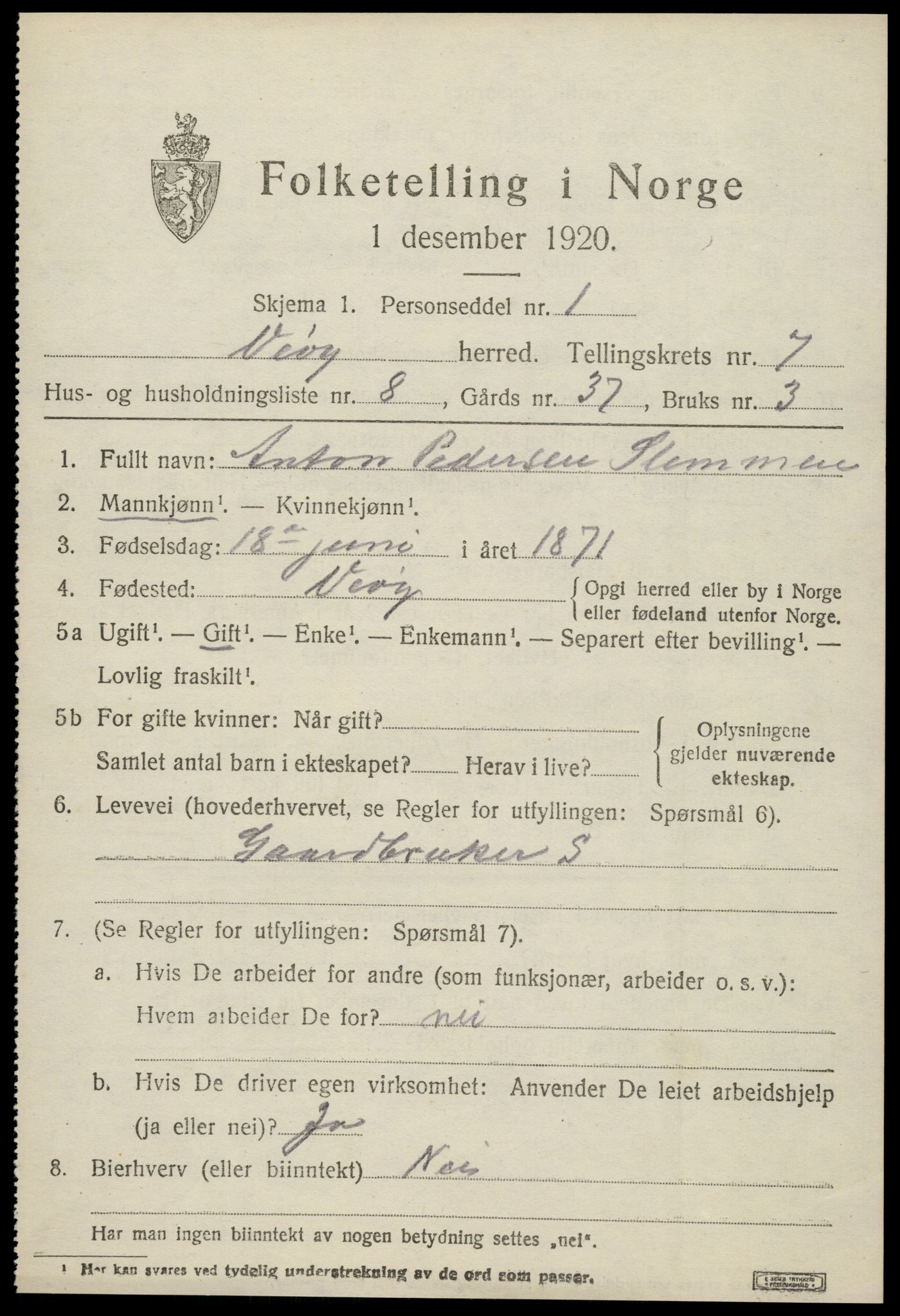 SAT, 1920 census for Veøy, 1920, p. 3153