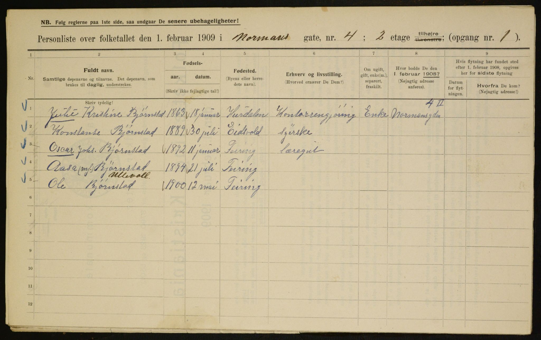 OBA, Municipal Census 1909 for Kristiania, 1909, p. 66174