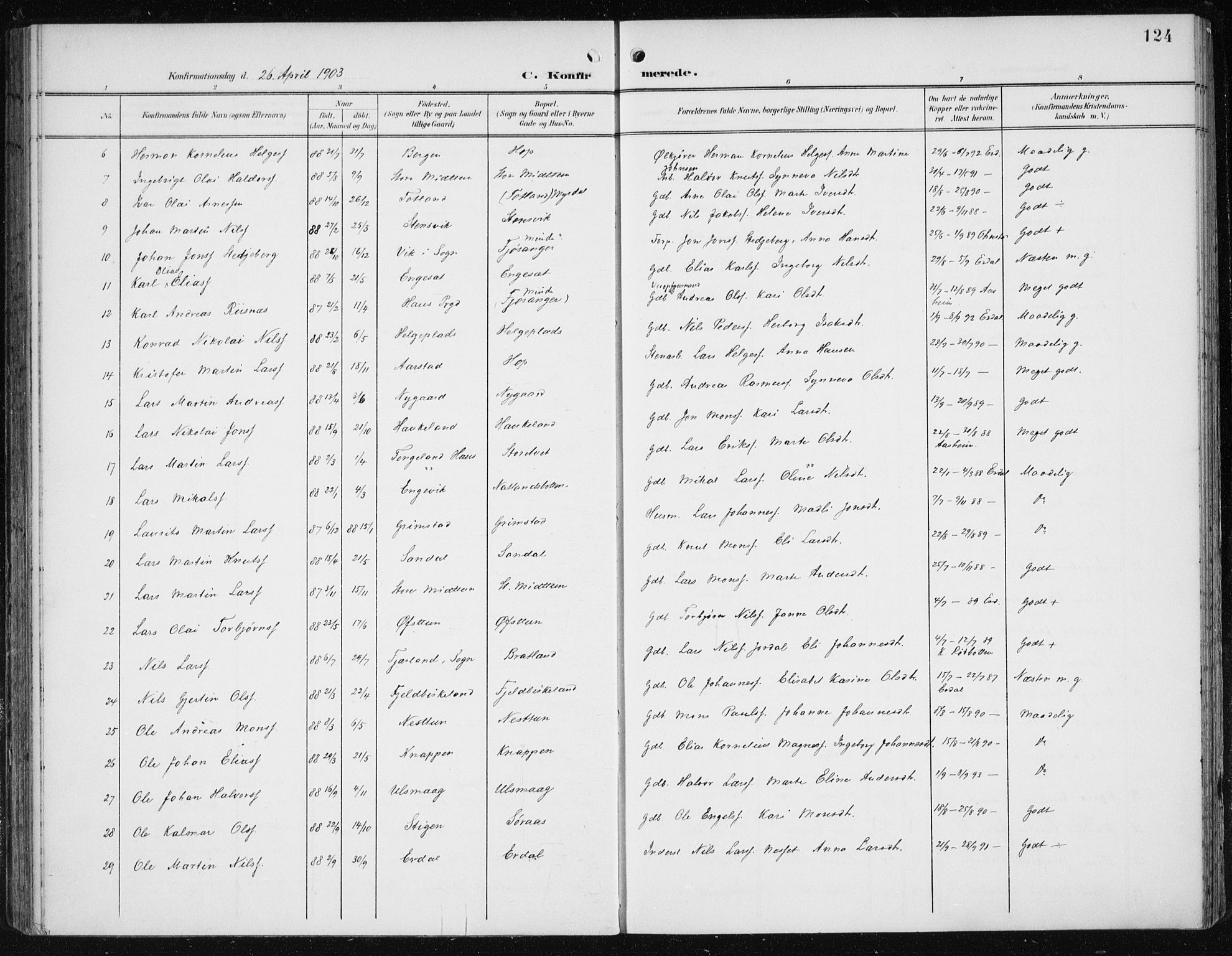 Fana Sokneprestembete, SAB/A-75101/H/Haa/Haai/L0003: Parish register (official) no. I 3, 1900-1912, p. 124