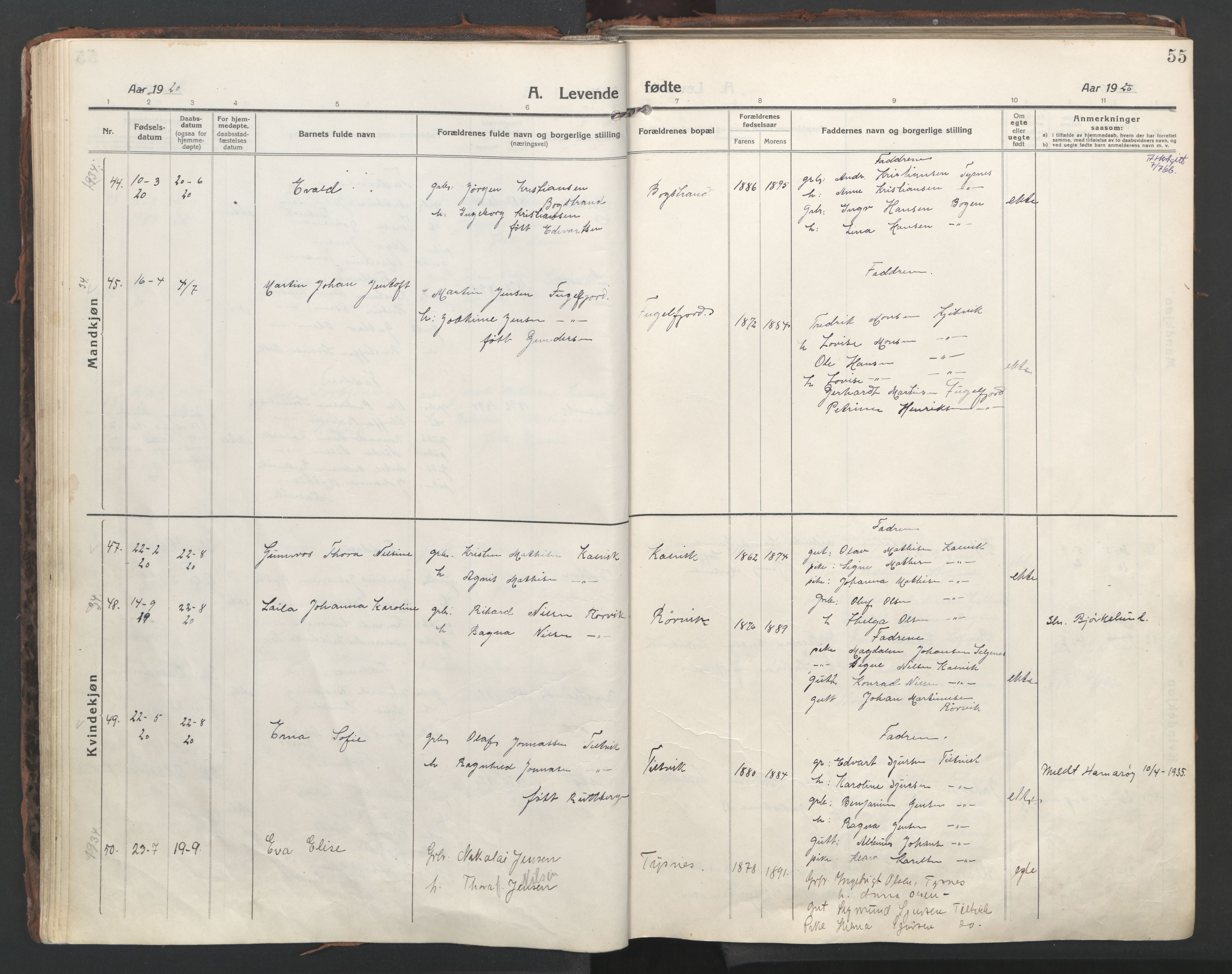 Ministerialprotokoller, klokkerbøker og fødselsregistre - Nordland, AV/SAT-A-1459/861/L0872: Parish register (official) no. 861A07, 1915-1924, p. 55