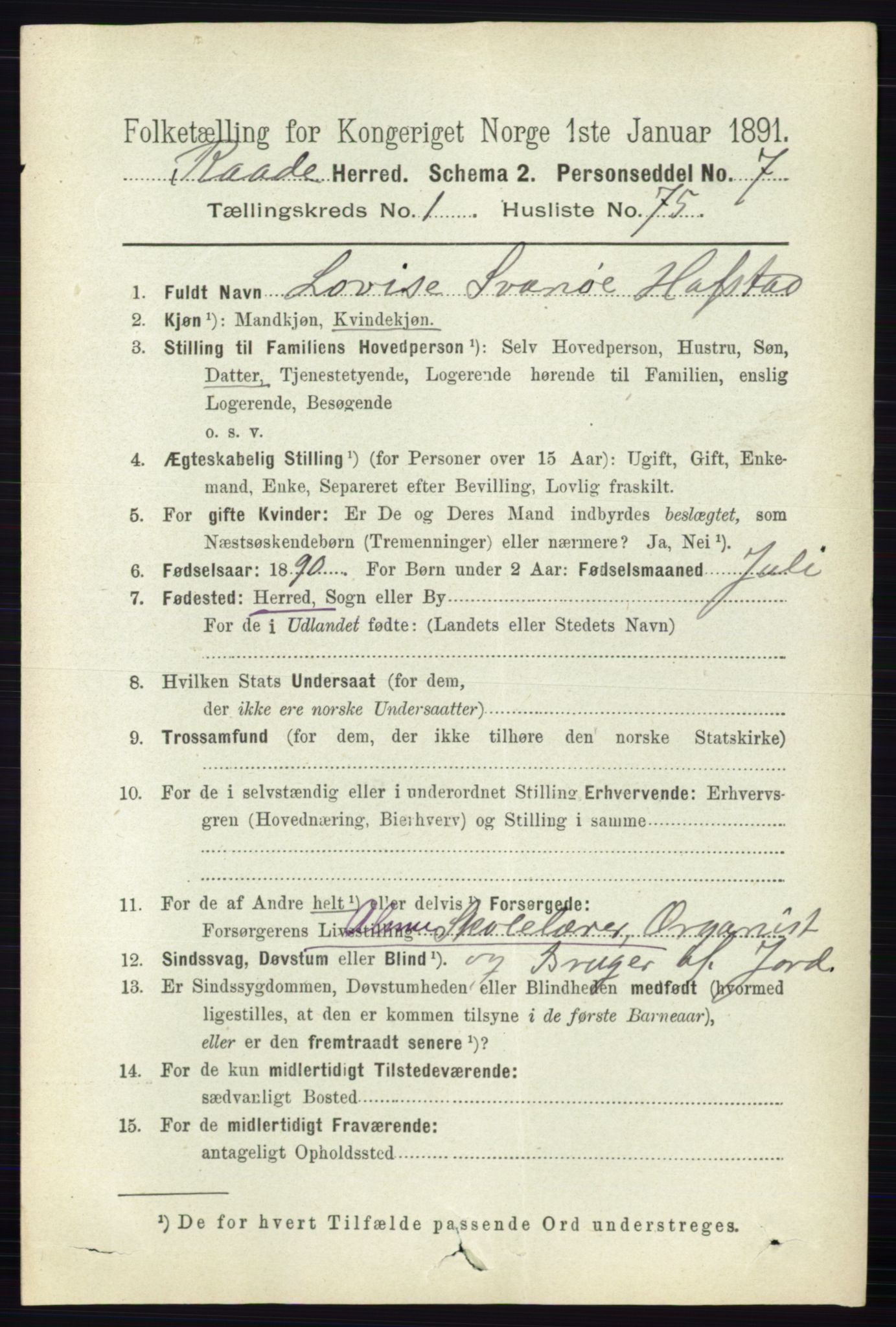 RA, 1891 census for 0135 Råde, 1891, p. 526