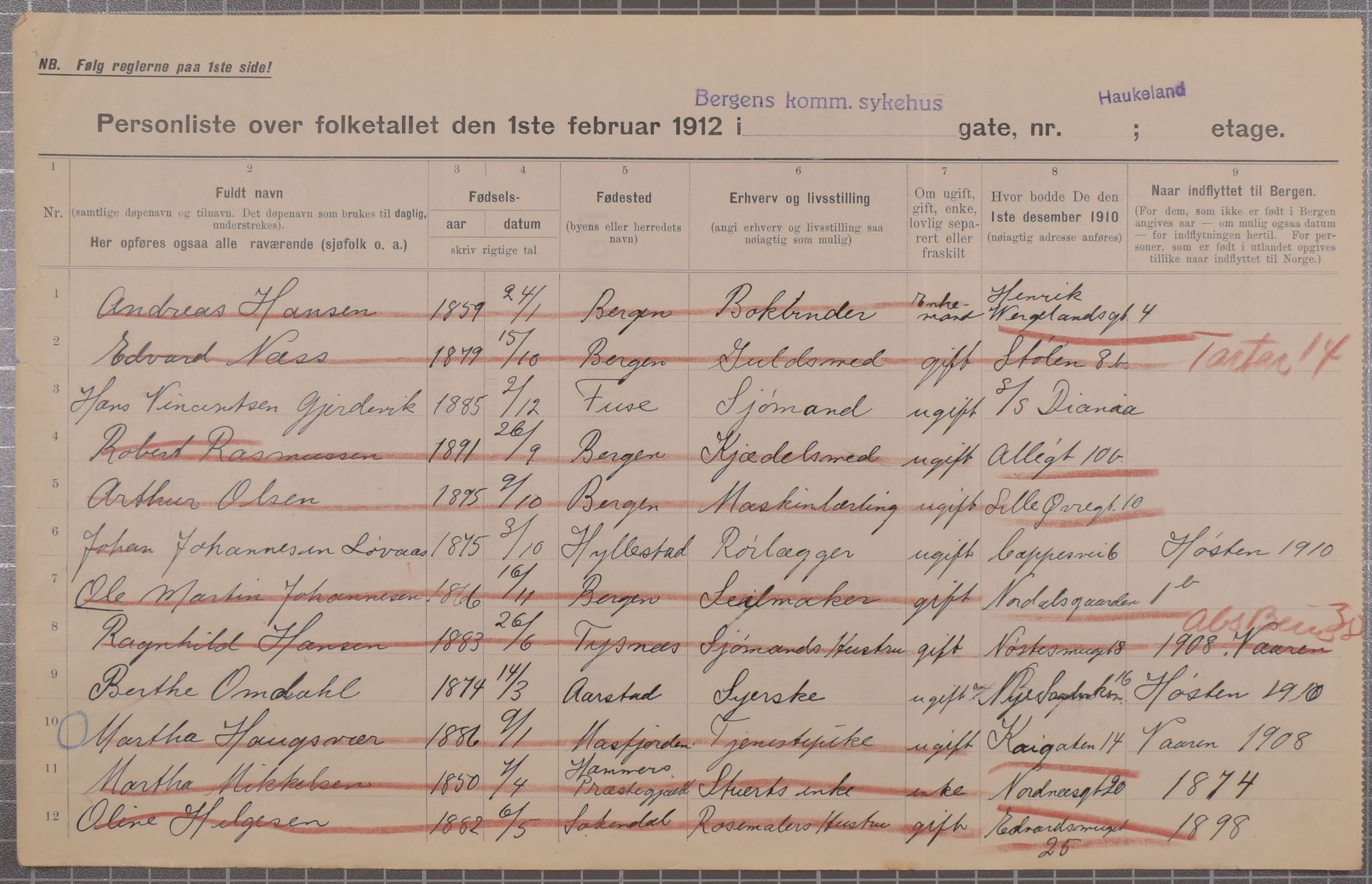 SAB, Municipal Census 1912 for Bergen, 1912, p. 1879