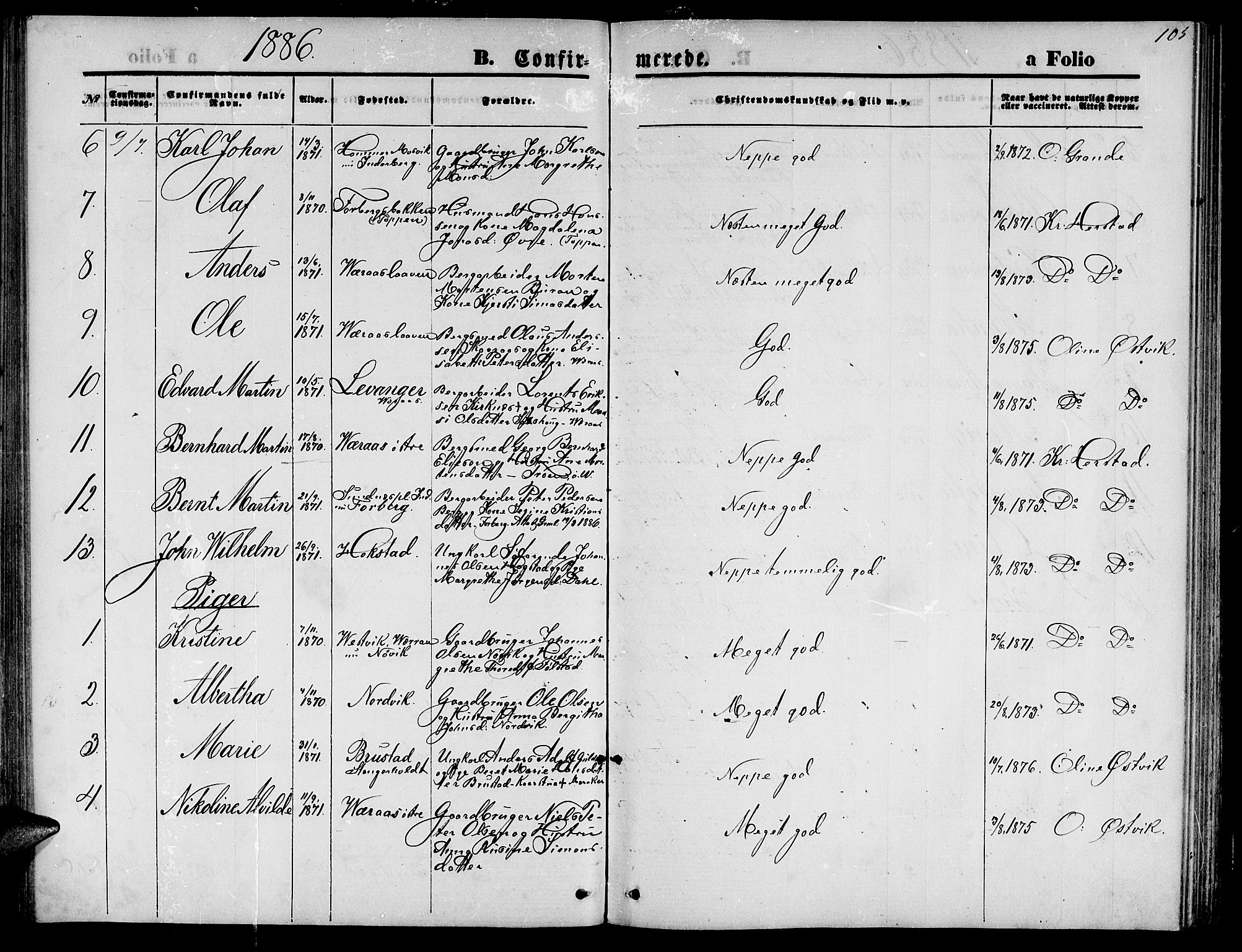 Ministerialprotokoller, klokkerbøker og fødselsregistre - Nord-Trøndelag, SAT/A-1458/722/L0225: Parish register (copy) no. 722C01, 1871-1888, p. 105