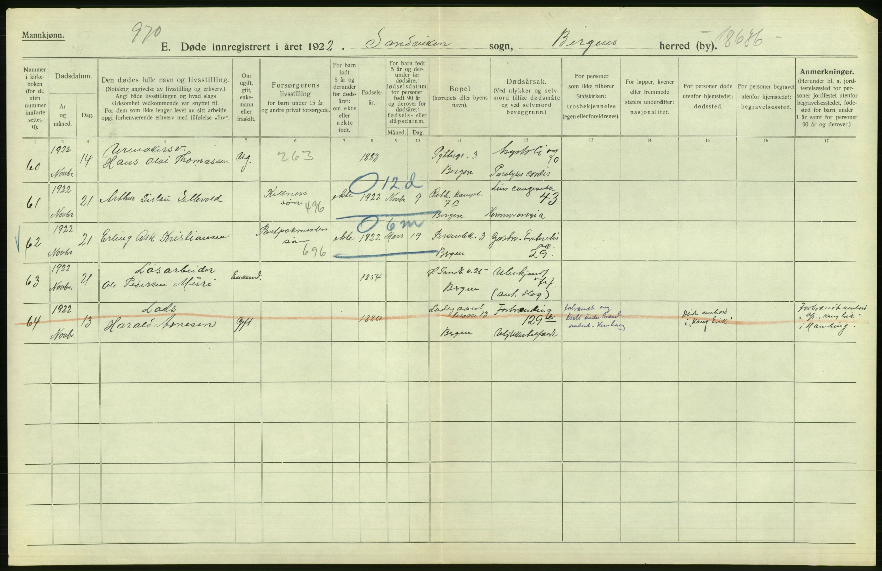 Statistisk sentralbyrå, Sosiodemografiske emner, Befolkning, AV/RA-S-2228/D/Df/Dfc/Dfcb/L0030: Bergen: Gifte, døde, dødfødte., 1922, p. 538