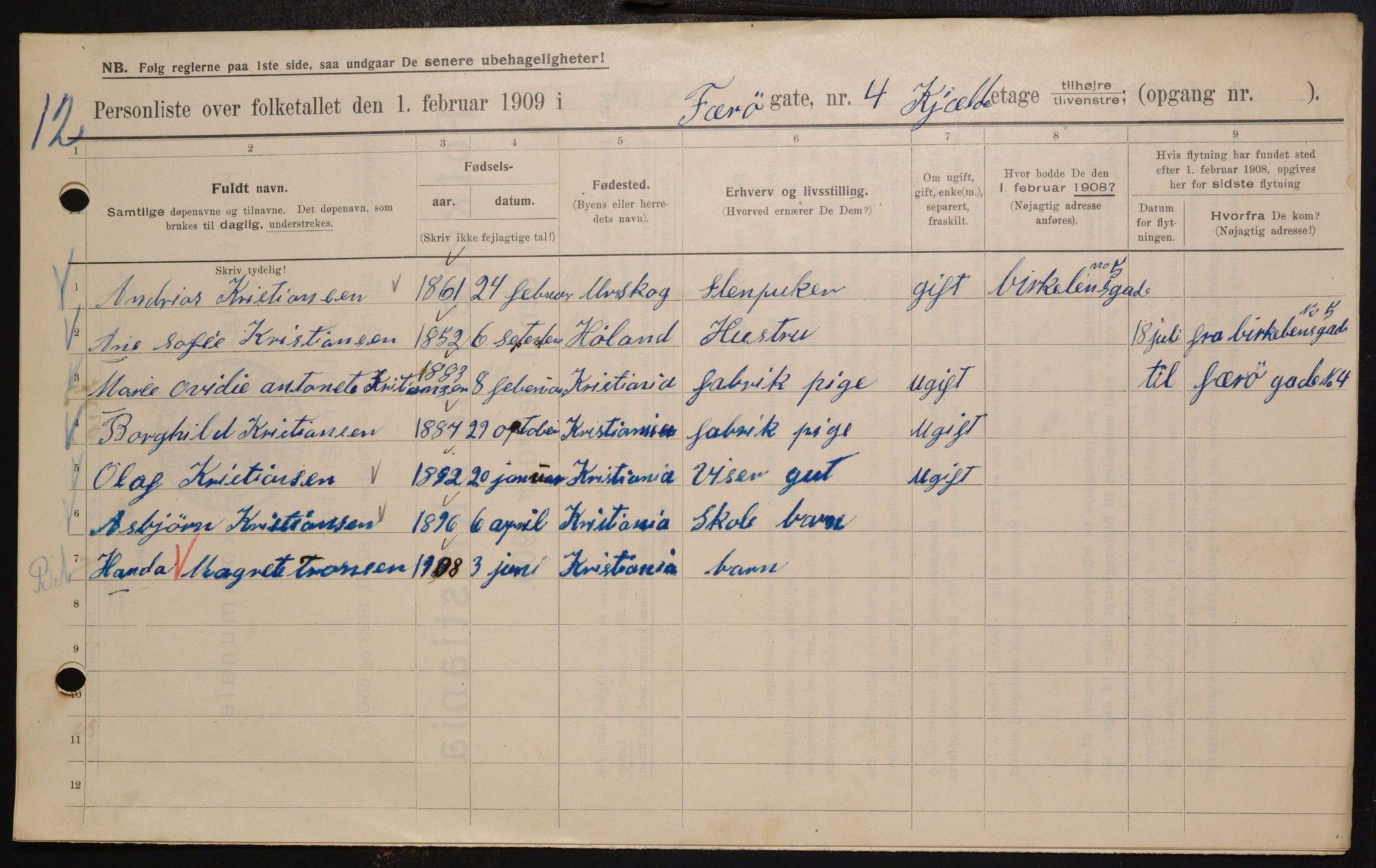 OBA, Municipal Census 1909 for Kristiania, 1909, p. 2460