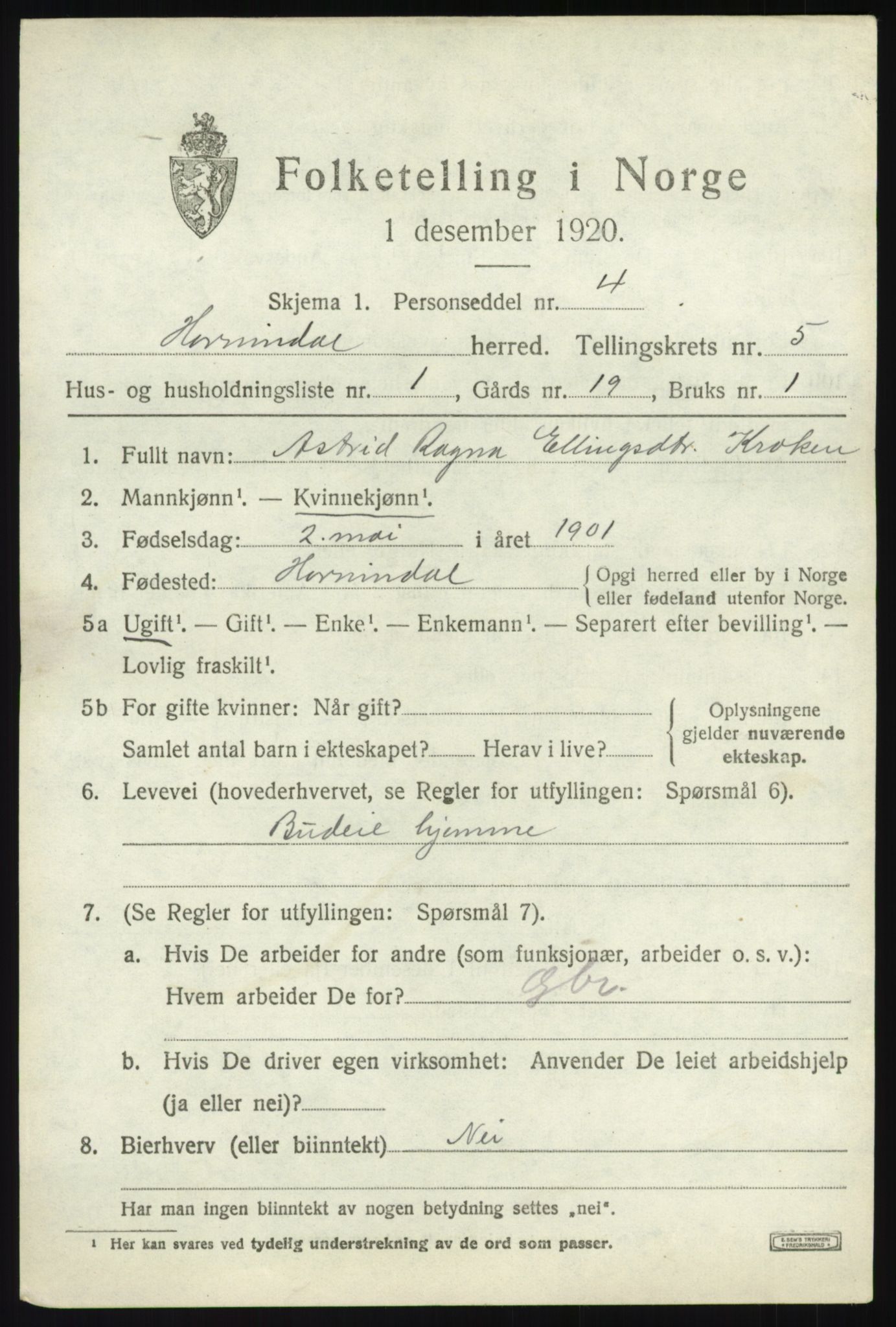 SAB, 1920 census for Hornindal, 1920, p. 2352