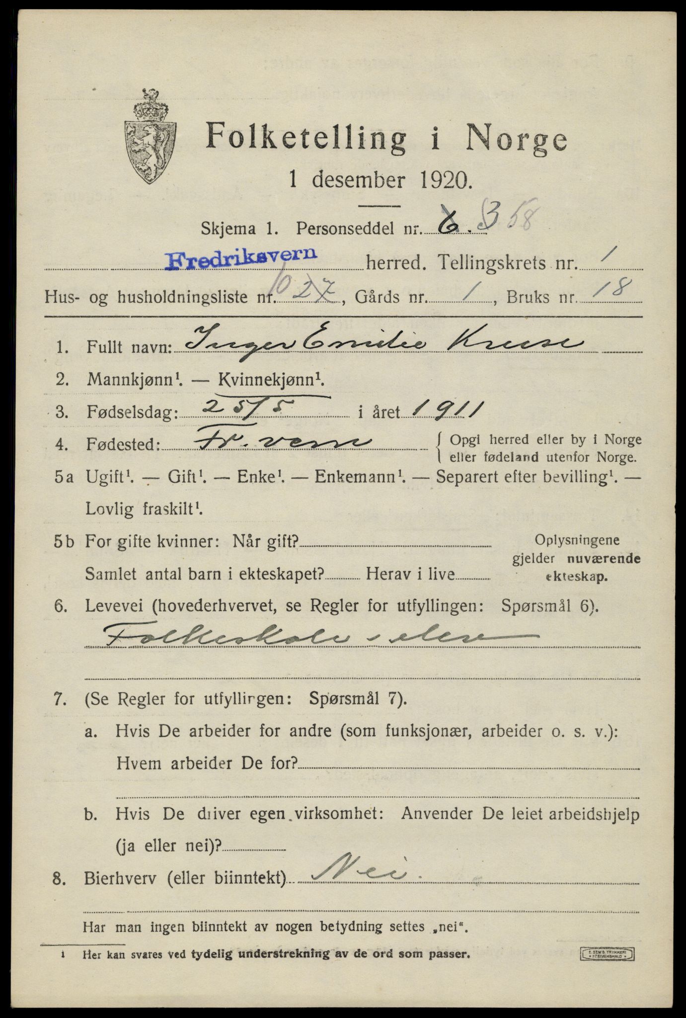 SAKO, 1920 census for Fredriksvern, 1920, p. 565