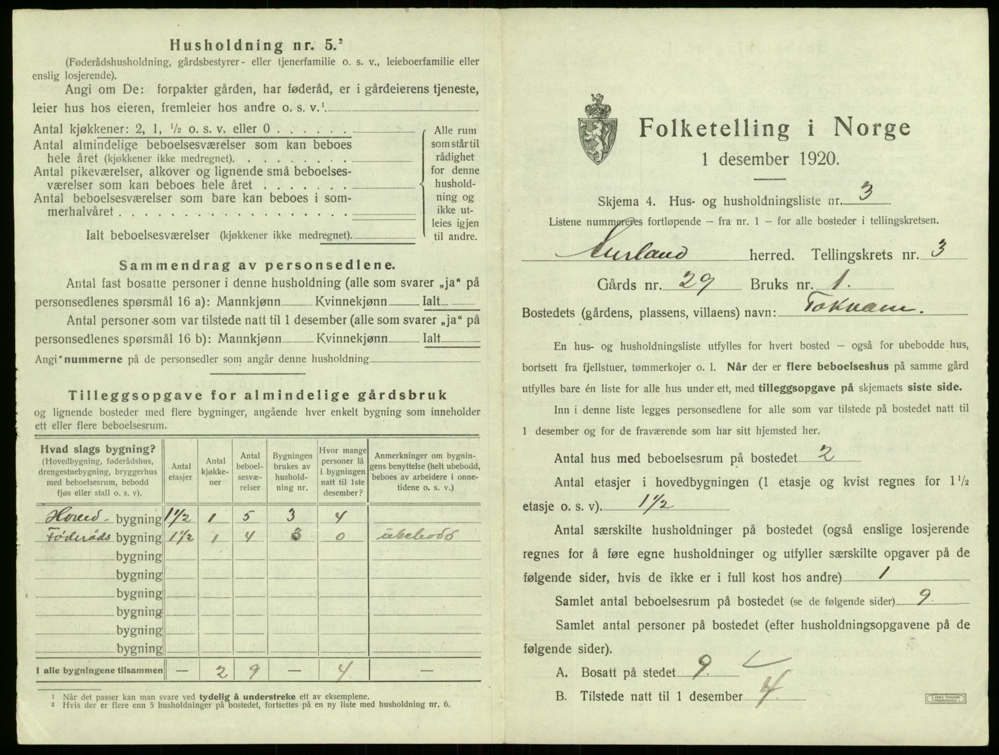 SAB, 1920 census for Aurland, 1920, p. 259