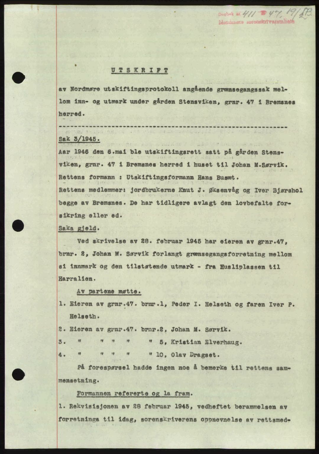 Nordmøre sorenskriveri, AV/SAT-A-4132/1/2/2Ca: Mortgage book no. A104, 1947-1947, Diary no: : 411/1947